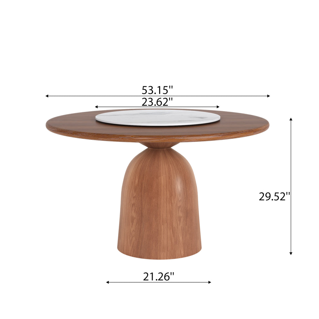 Soluna Walnut Round Solid Wood Pedestal Dining Table with Solid Wood Top and Snow White Stone Lazy Susan - image 5