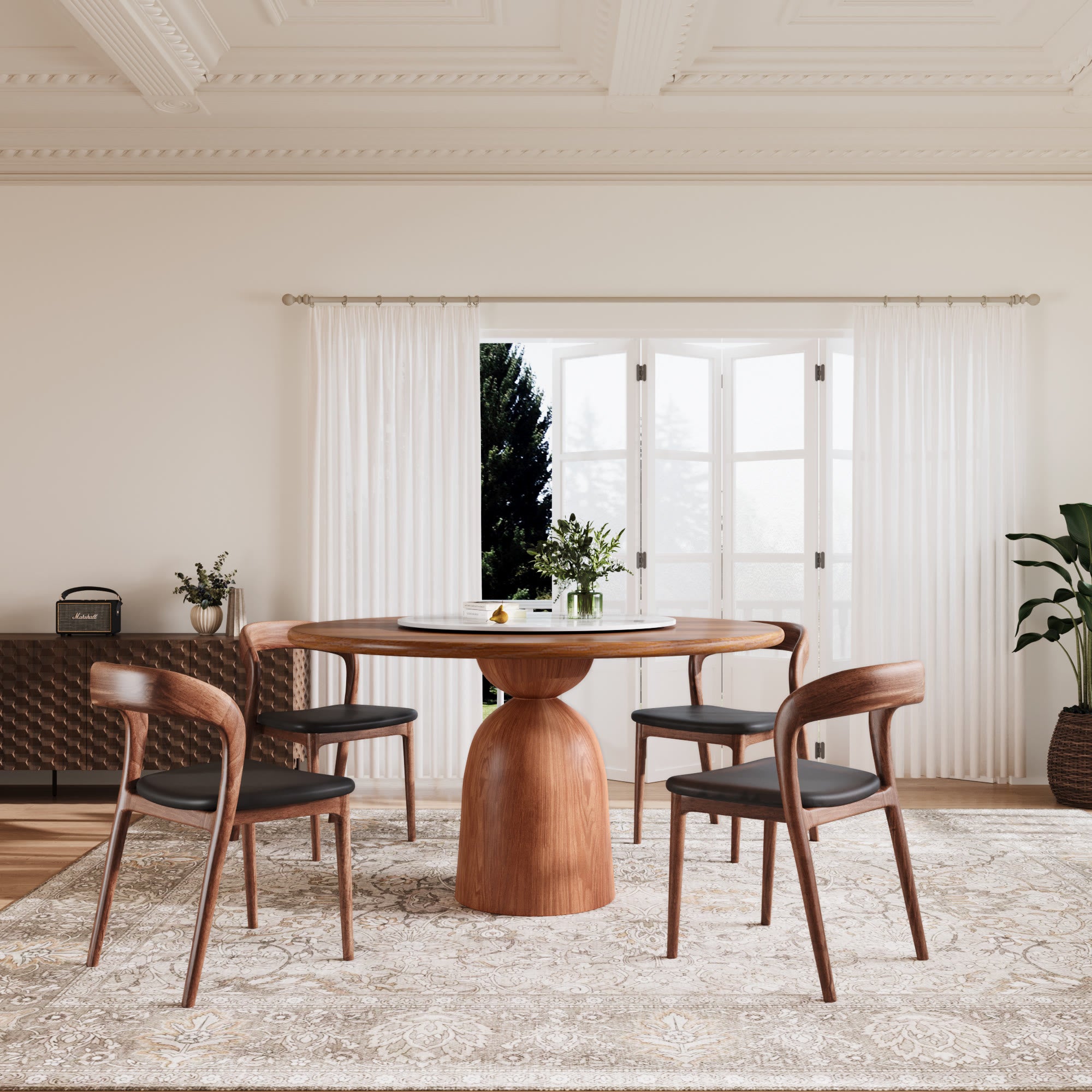 Soluna Walnut Round Solid Wood Pedestal Dining Table with Solid Wood Top and Snow White Stone Lazy Susan - image 4