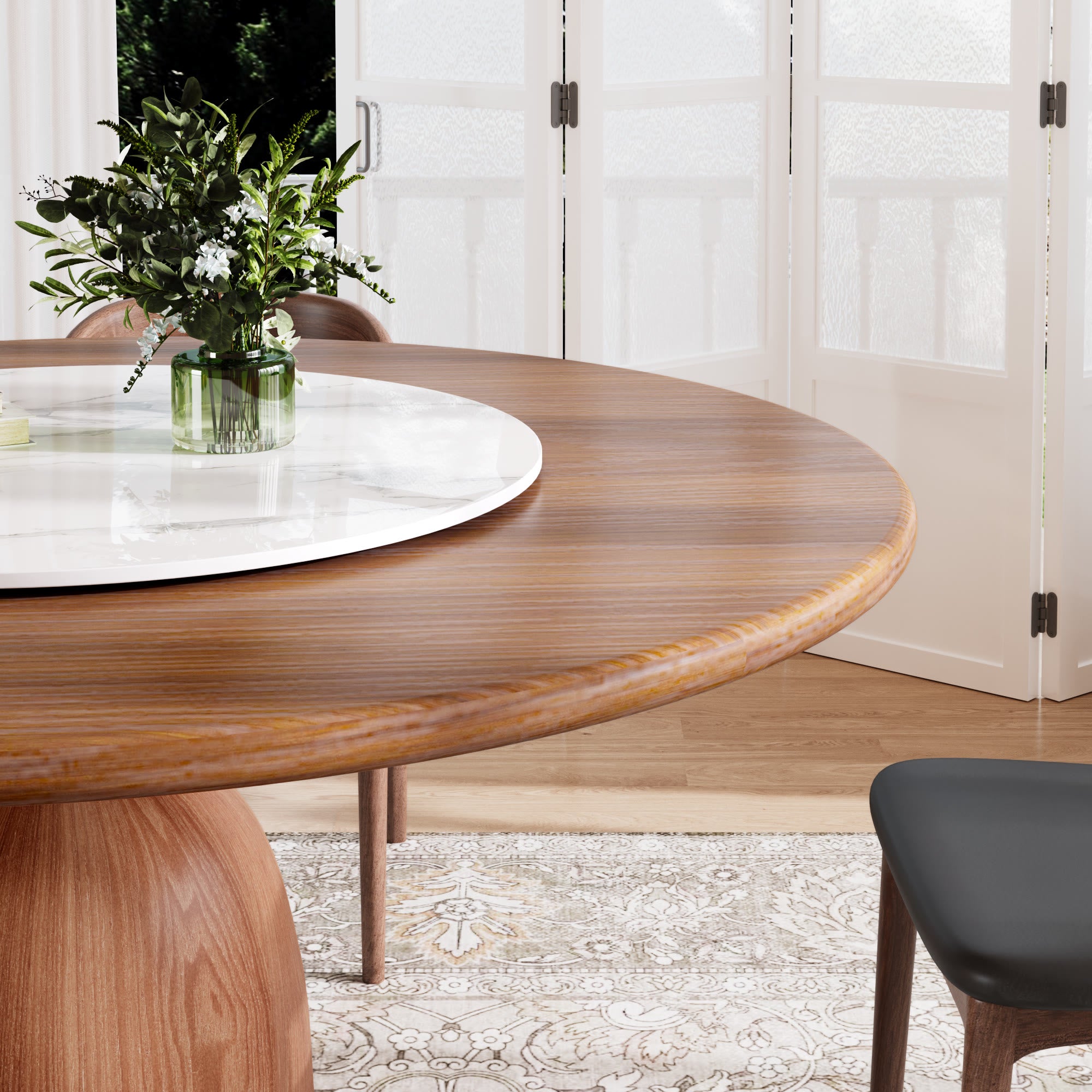 Soluna Walnut Round Solid Wood Pedestal Dining Table with Solid Wood Top and Snow White Stone Lazy Susan - image 7