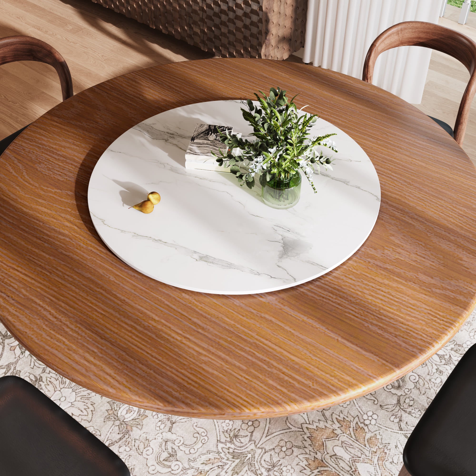 Soluna Walnut Round Solid Wood Pedestal Dining Table with Solid Wood Top and Snow White Stone Lazy Susan - image 2