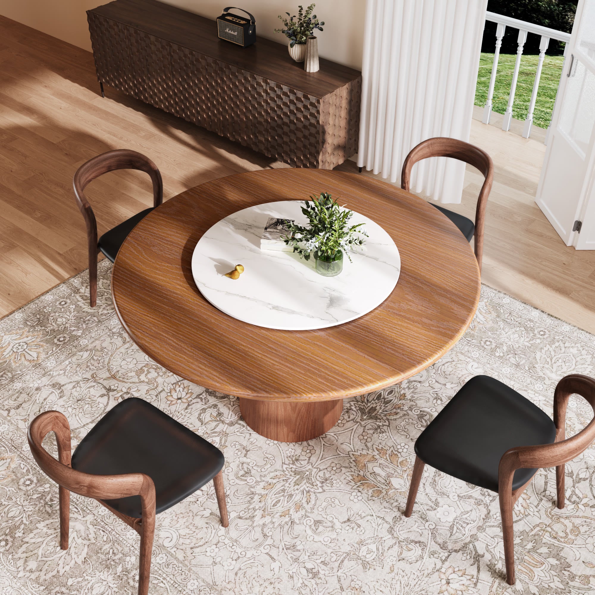 Soluna Walnut Round Solid Wood Pedestal Dining Table with Solid Wood Top and Snow White Stone Lazy Susan - image 3