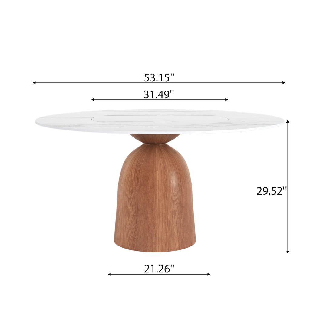 Soluna Walnut Round Solid Wood Pedestal Dining Table with Snow White Stone Top and Built-In Lazy Susan - image 5