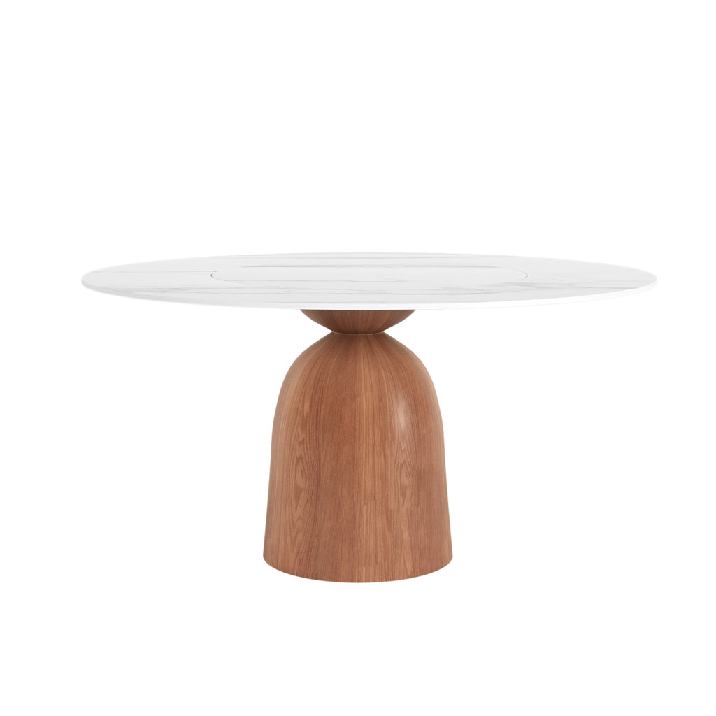 Soluna Walnut Round Solid Wood Pedestal Dining Table with Snow White Stone Top and Built-In Lazy Susan - image 1