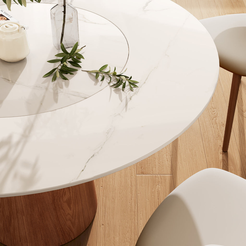 Soluna Walnut Round Solid Wood Pedestal Dining Table with Snow White Stone Top and Built-In Lazy Susan - image 7