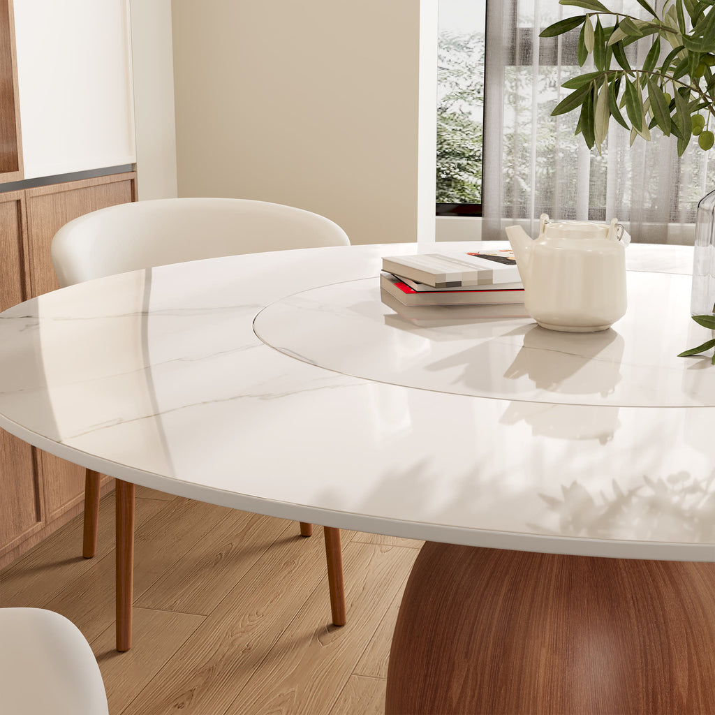 Soluna Walnut Round Solid Wood Pedestal Dining Table with Snow White Stone Top and Built-In Lazy Susan - image 2