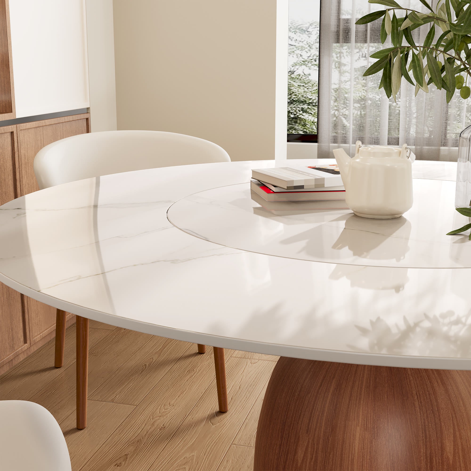 Soluna Walnut Round Solid Wood Pedestal Dining Table with Snow White Stone Top and Built-In Lazy Susan - image 2