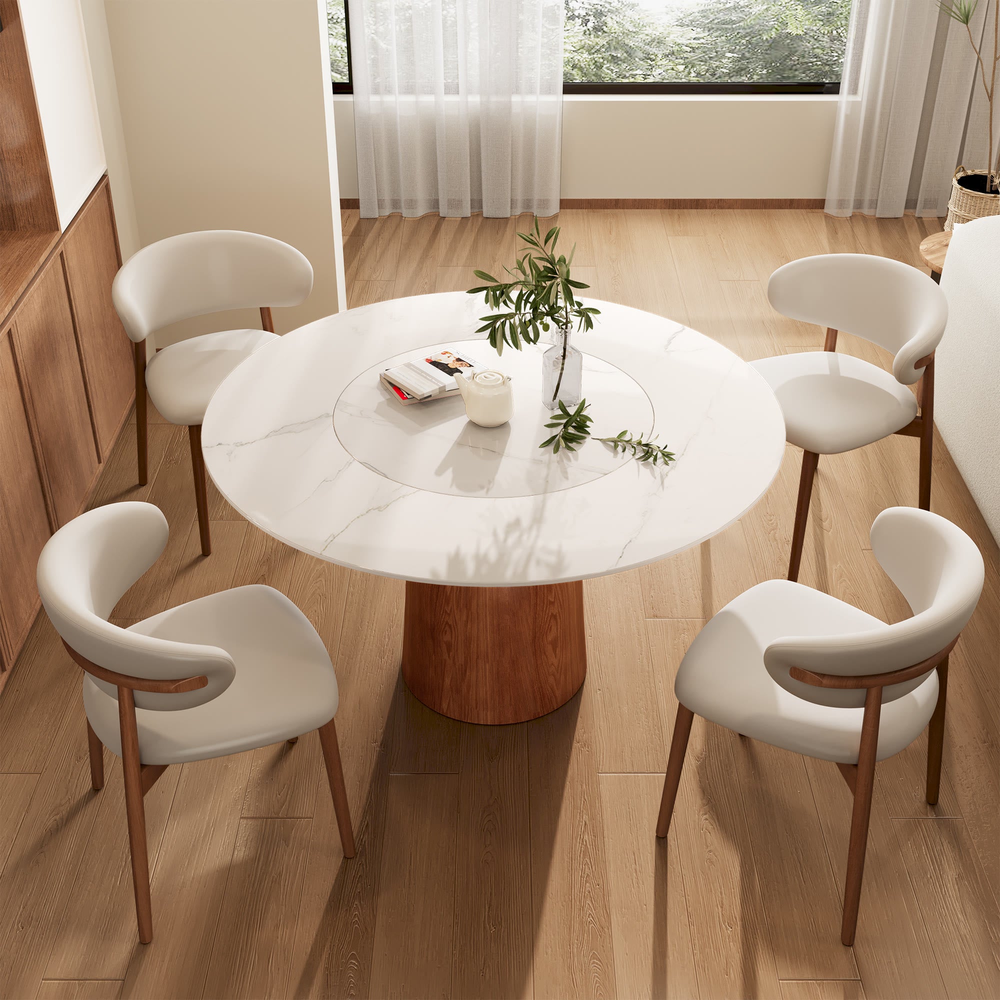 Soluna Walnut Round Solid Wood Pedestal Dining Table with Snow White Stone Top and Built-In Lazy Susan - image 4