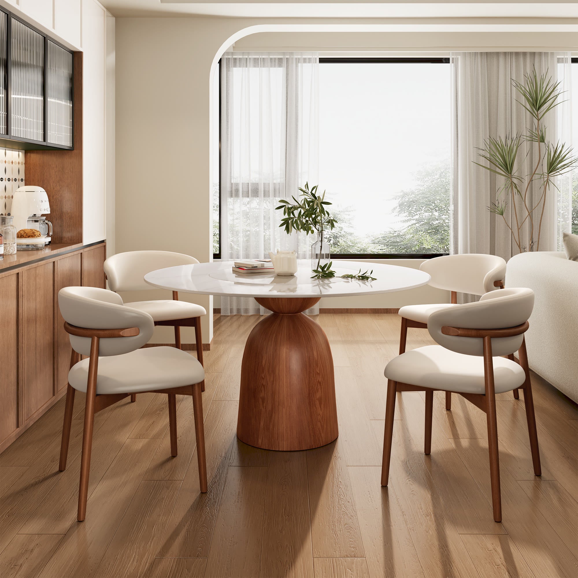 Soluna Walnut Round Solid Wood Pedestal Dining Table with Snow White Stone Top and Built-In Lazy Susan - 59.05'' W X 59.05'' D X 29.53'' H - image 0