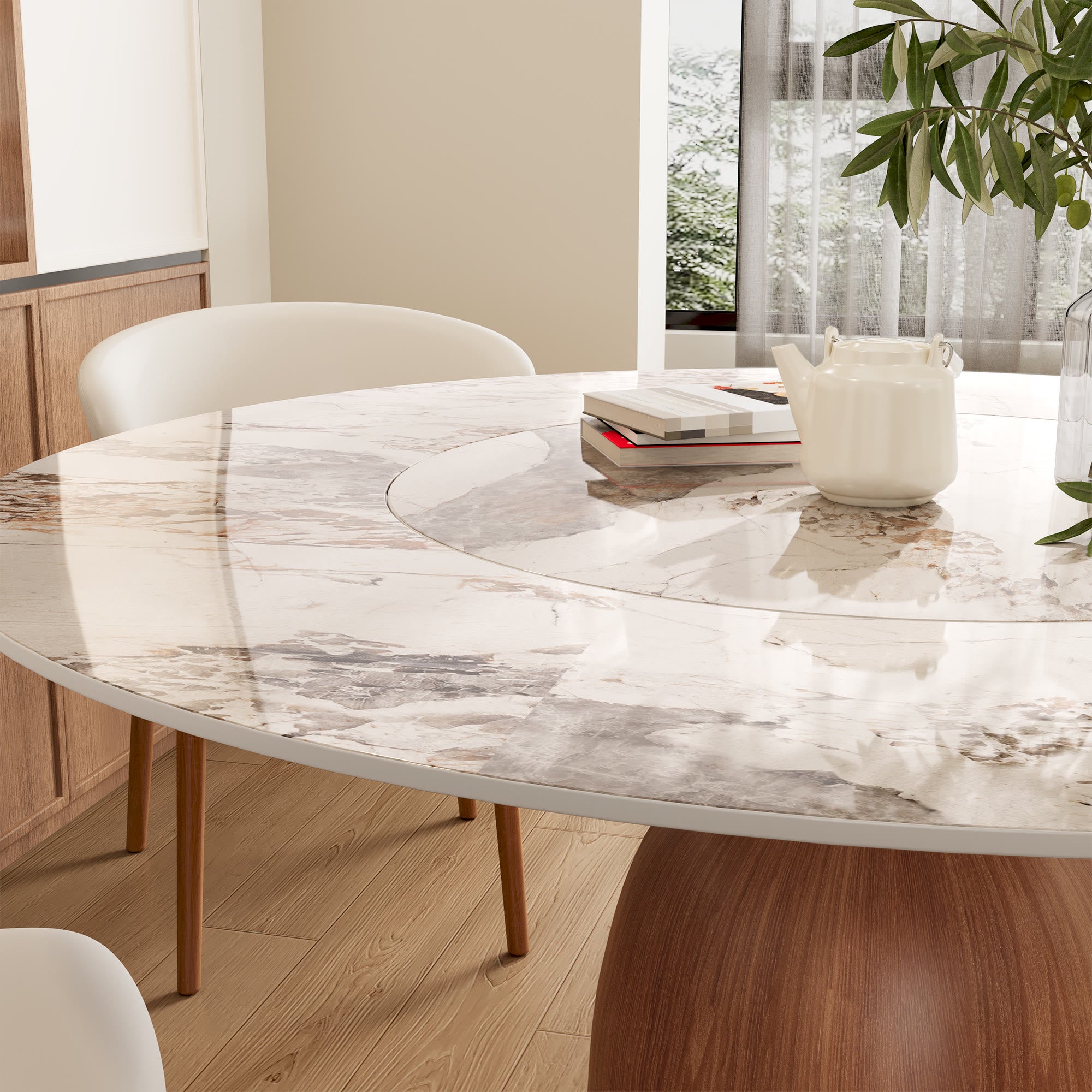 Soluna Walnut Round Solid Wood Pedestal Dining Table with Pandora Stone Top and Built-In Lazy Susan - image 2