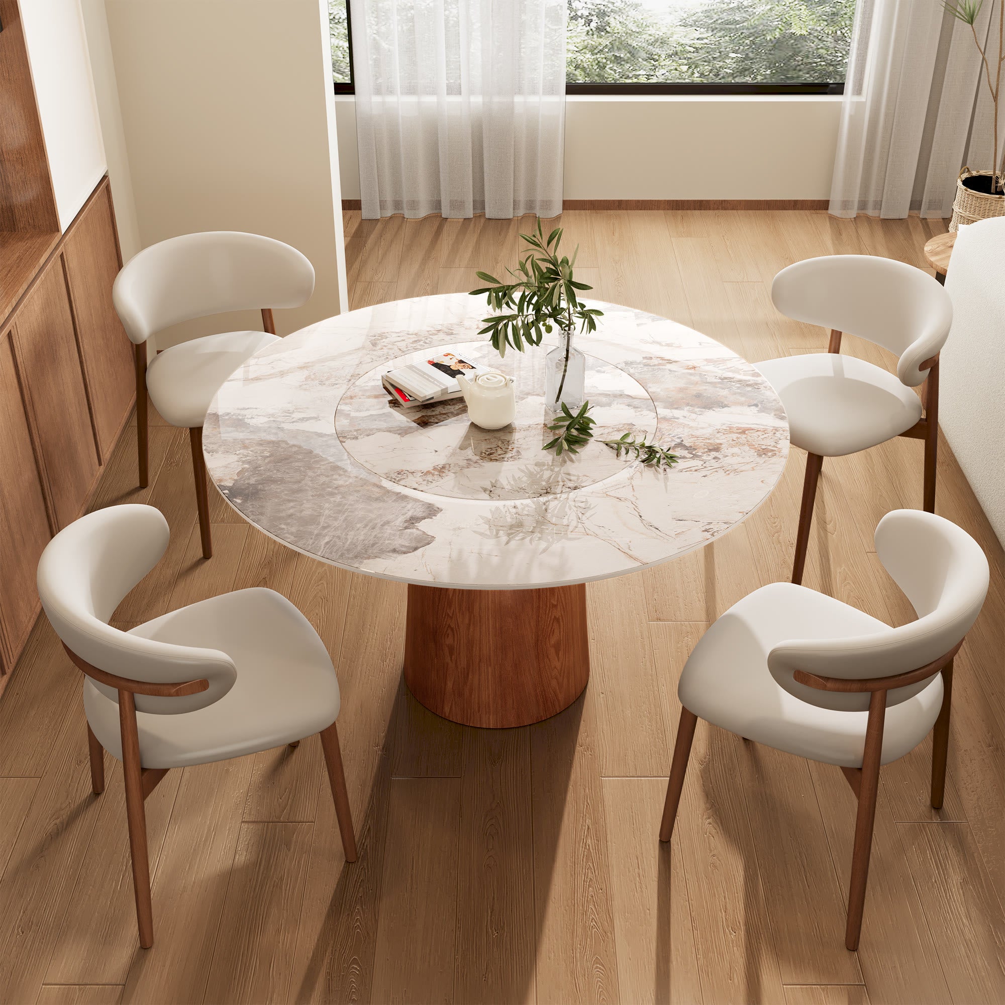 Soluna Walnut Round Solid Wood Pedestal Dining Table with Pandora Stone Top and Built-In Lazy Susan - image 4