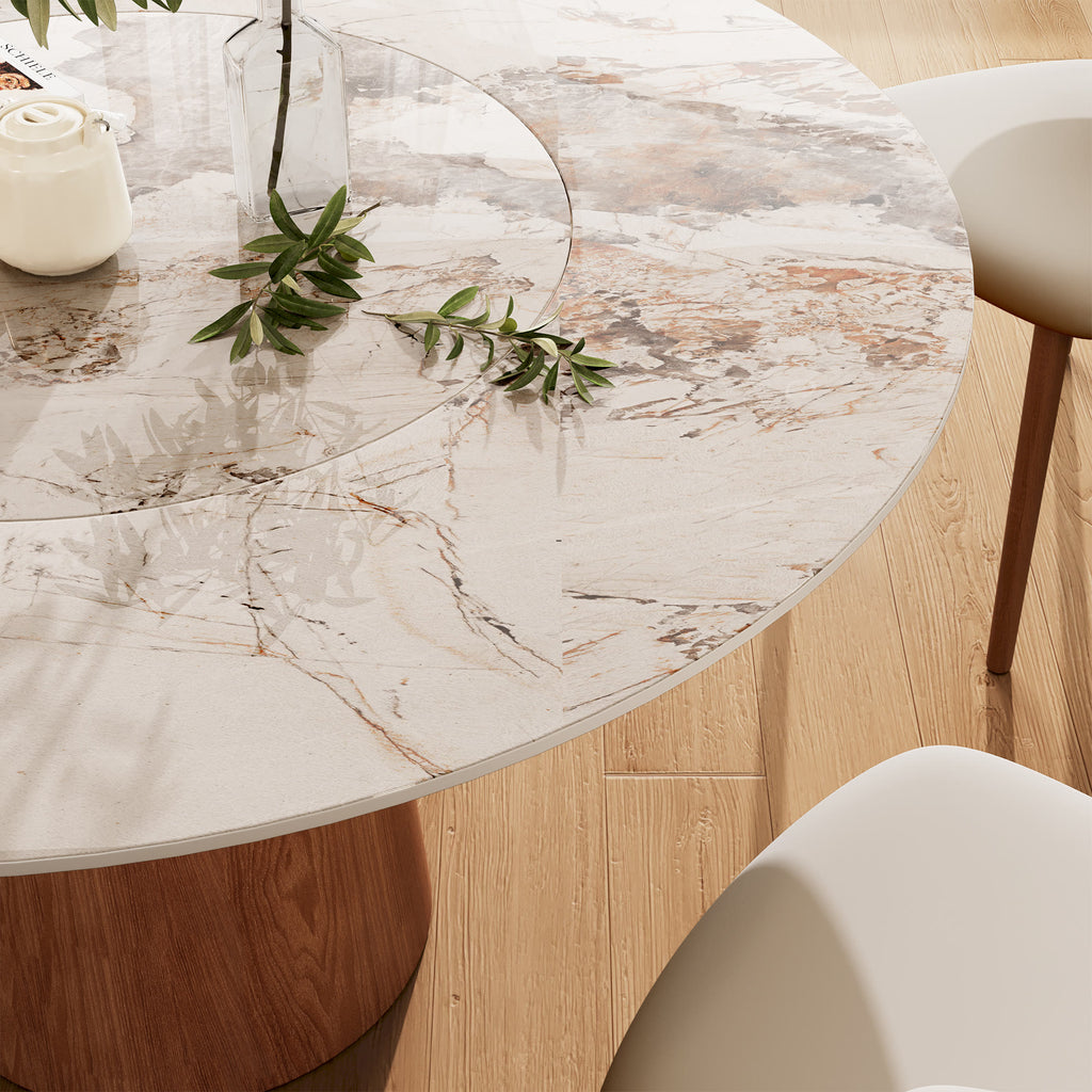 Soluna Walnut Round Solid Wood Pedestal Dining Table with Pandora Stone Top and Built-In Lazy Susan - image 6