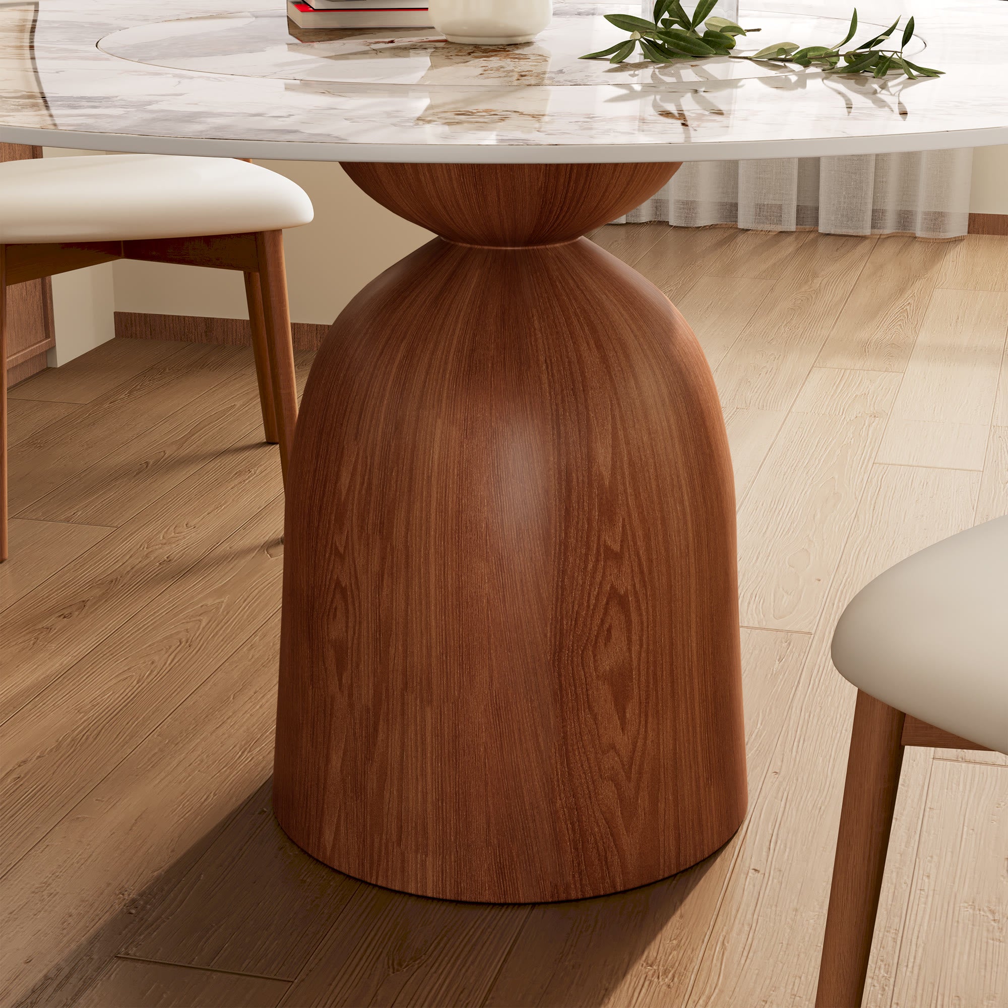 Soluna Walnut Round Solid Wood Pedestal Dining Table with Pandora Stone Top and Built-In Lazy Susan - image 3