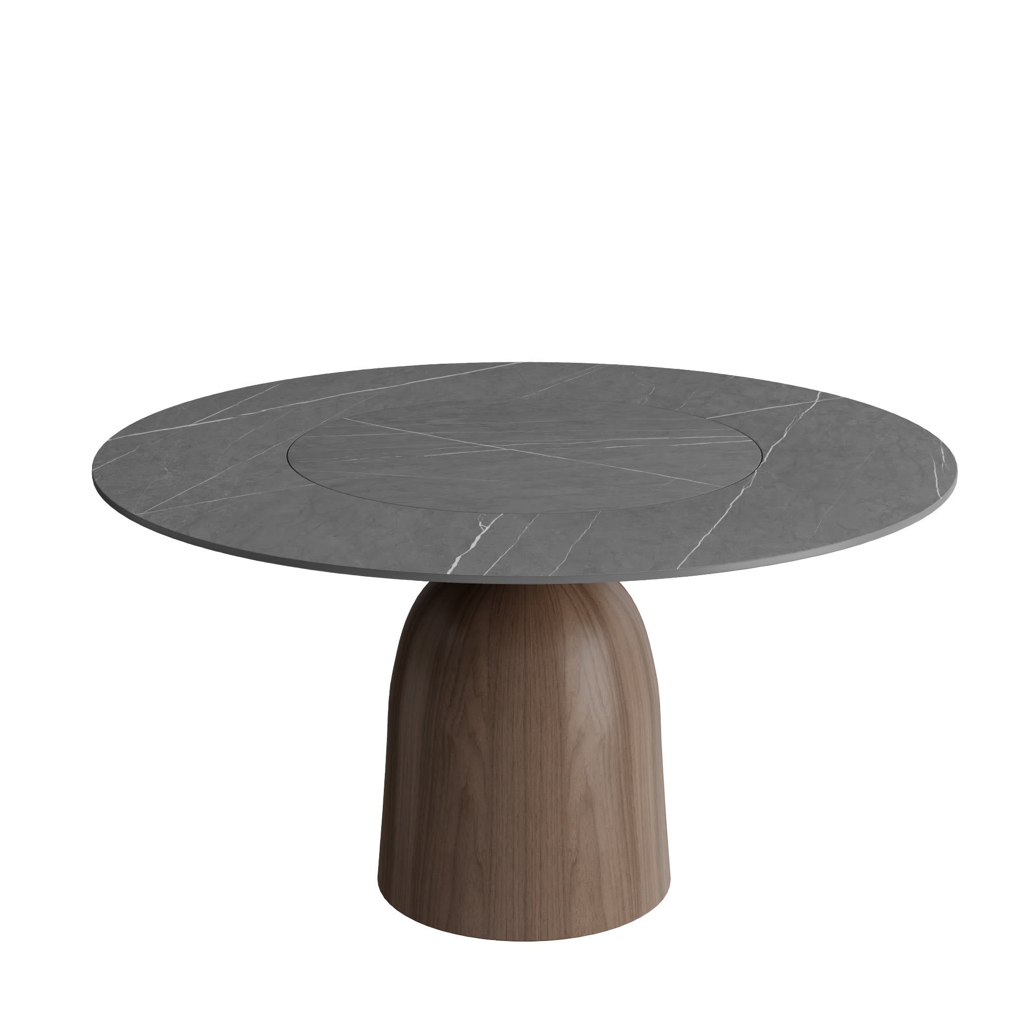 Soluna Dark Walnut Round Solid Wood Pedestal Dining Table with Gray Stone Top and Built-In Lazy Susan - image 1