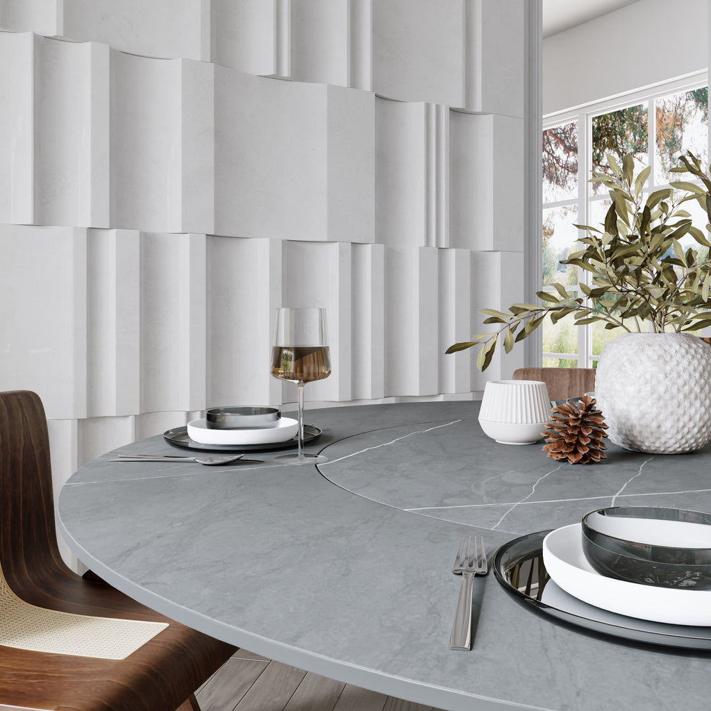 Soluna Dark Walnut Round Solid Wood Pedestal Dining Table with Gray Stone Top and Built-In Lazy Susan - image 2