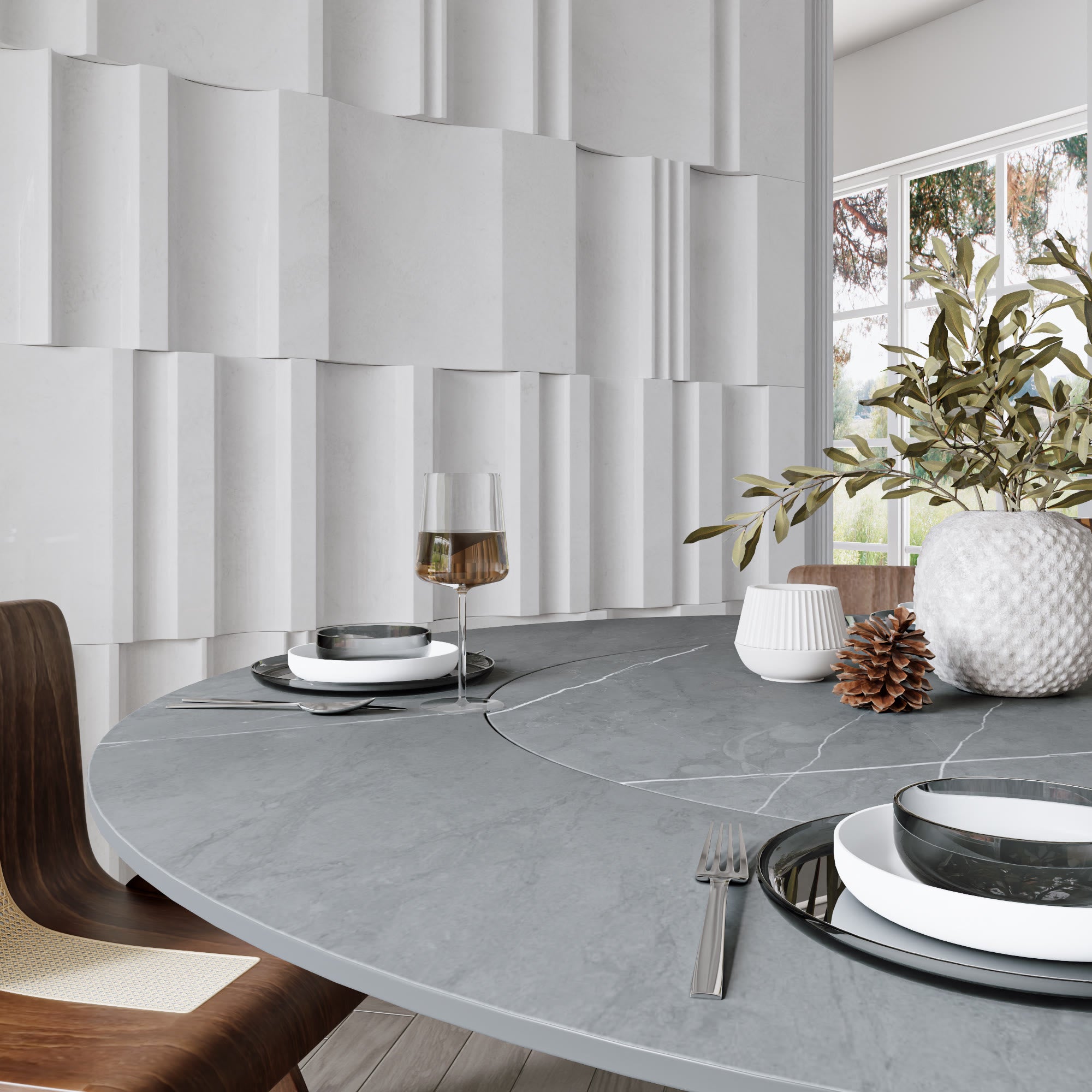 Soluna Dark Walnut Round Solid Wood Pedestal Dining Table with Gray Stone Top and Built-In Lazy Susan - image 2