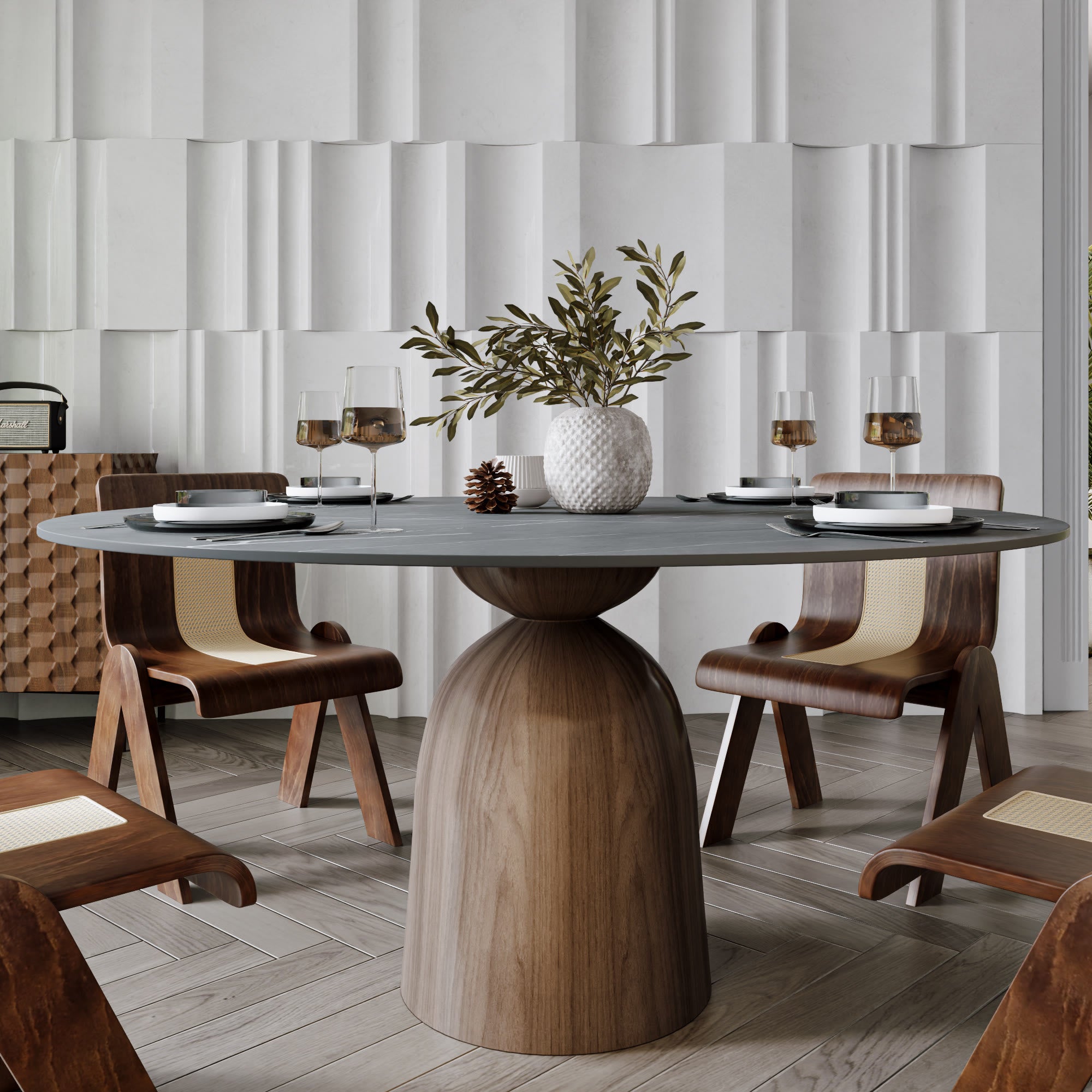 Soluna Dark Walnut Round Solid Wood Pedestal Dining Table with Gray Stone Top and Built-In Lazy Susan - 59.05'' W X 59.05'' D X 29.53'' H - image 0