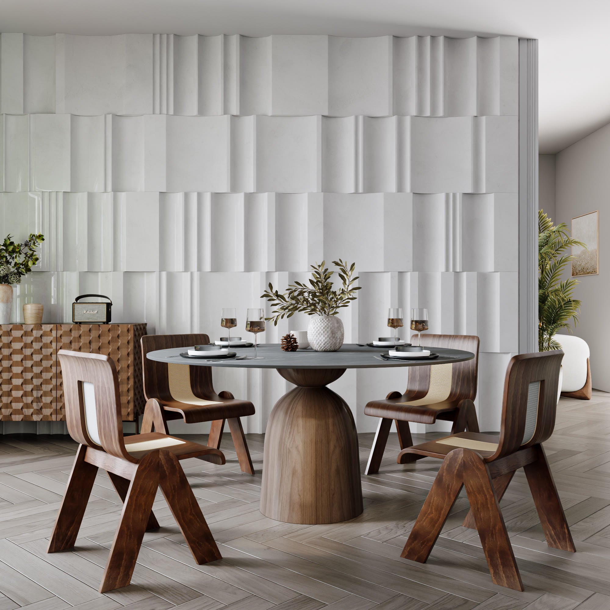 Soluna Dark Walnut Round Solid Wood Pedestal Dining Table with Gray Stone Top and Built-In Lazy Susan - image 5
