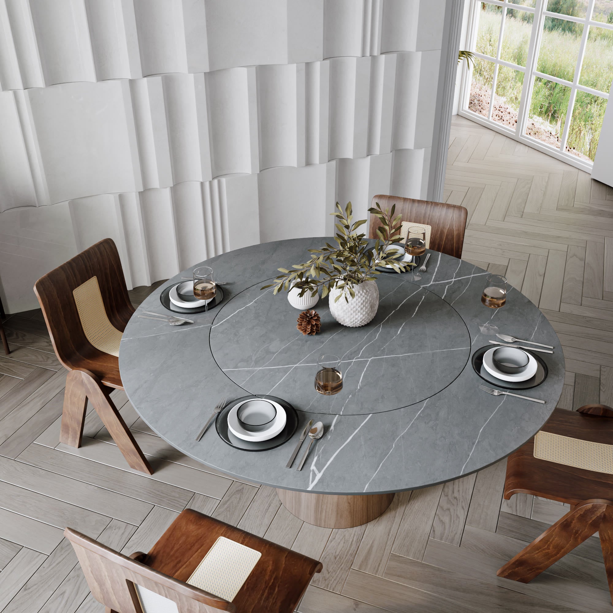 Soluna Dark Walnut Round Solid Wood Pedestal Dining Table with Gray Stone Top and Built-In Lazy Susan - image 3