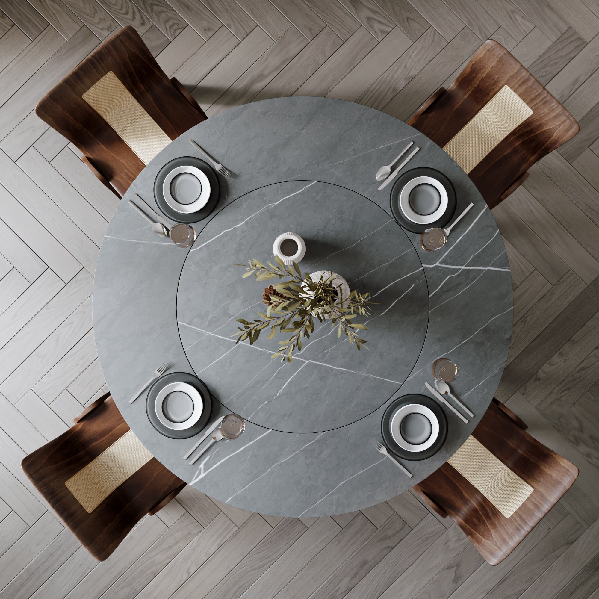 Soluna Dark Walnut Round Solid Wood Pedestal Dining Table with Gray Stone Top and Built-In Lazy Susan - image 4