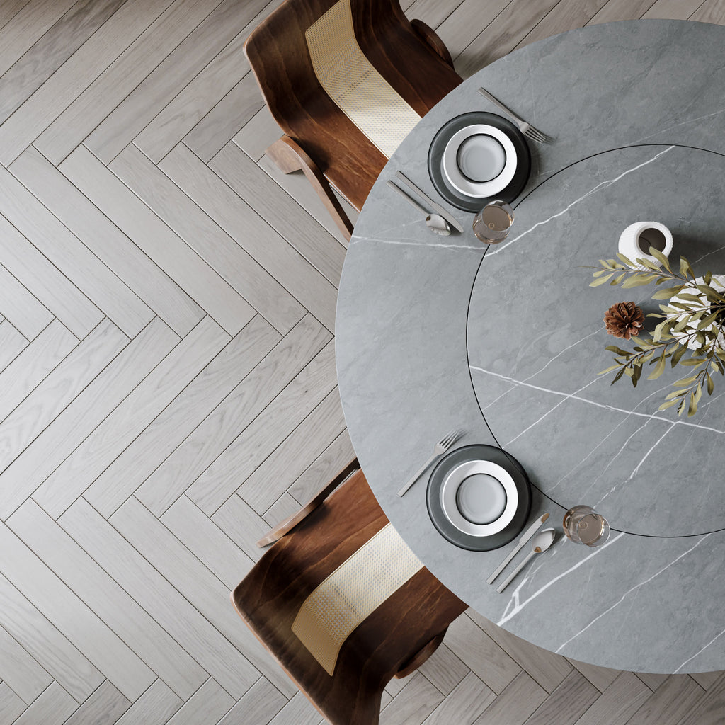 Soluna Dark Walnut Round Solid Wood Pedestal Dining Table with Gray Stone Top and Built-In Lazy Susan - image 8