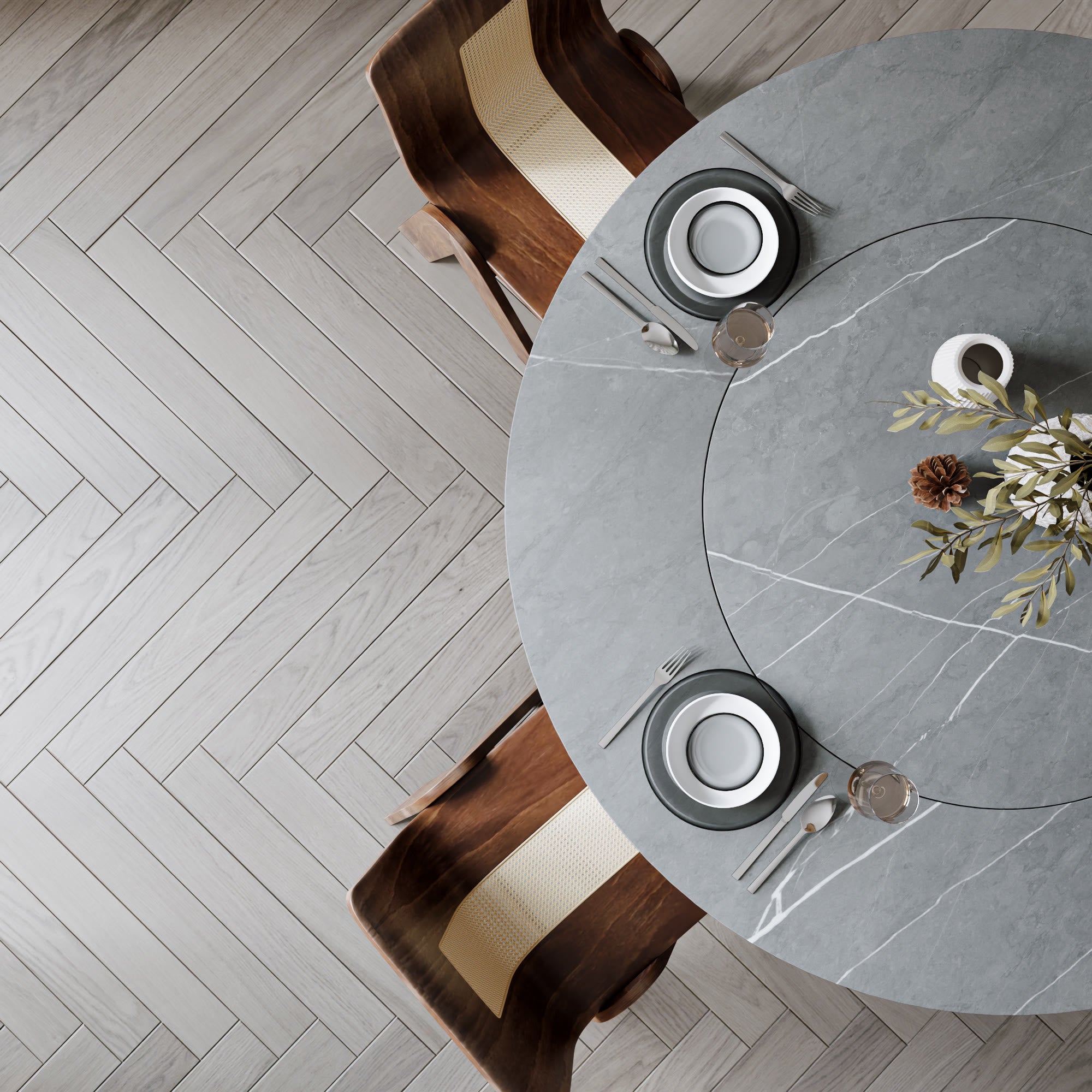 Soluna Dark Walnut Round Solid Wood Pedestal Dining Table with Gray Stone Top and Built-In Lazy Susan - image 8