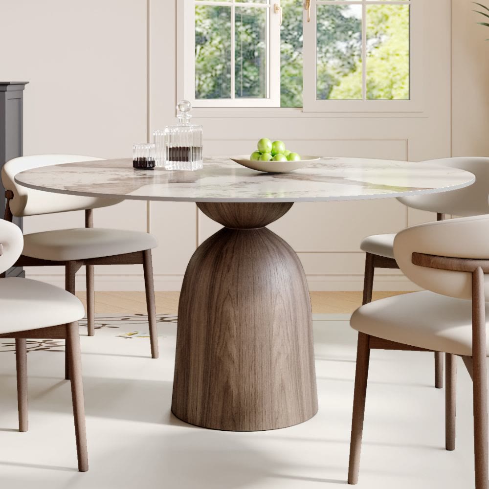 Soluna Dark Walnut Round Solid Wood Pedestal Dining Table with Pandora Stone Top - 59.05'' W X 59.05'' D X 29.53'' H - image 0