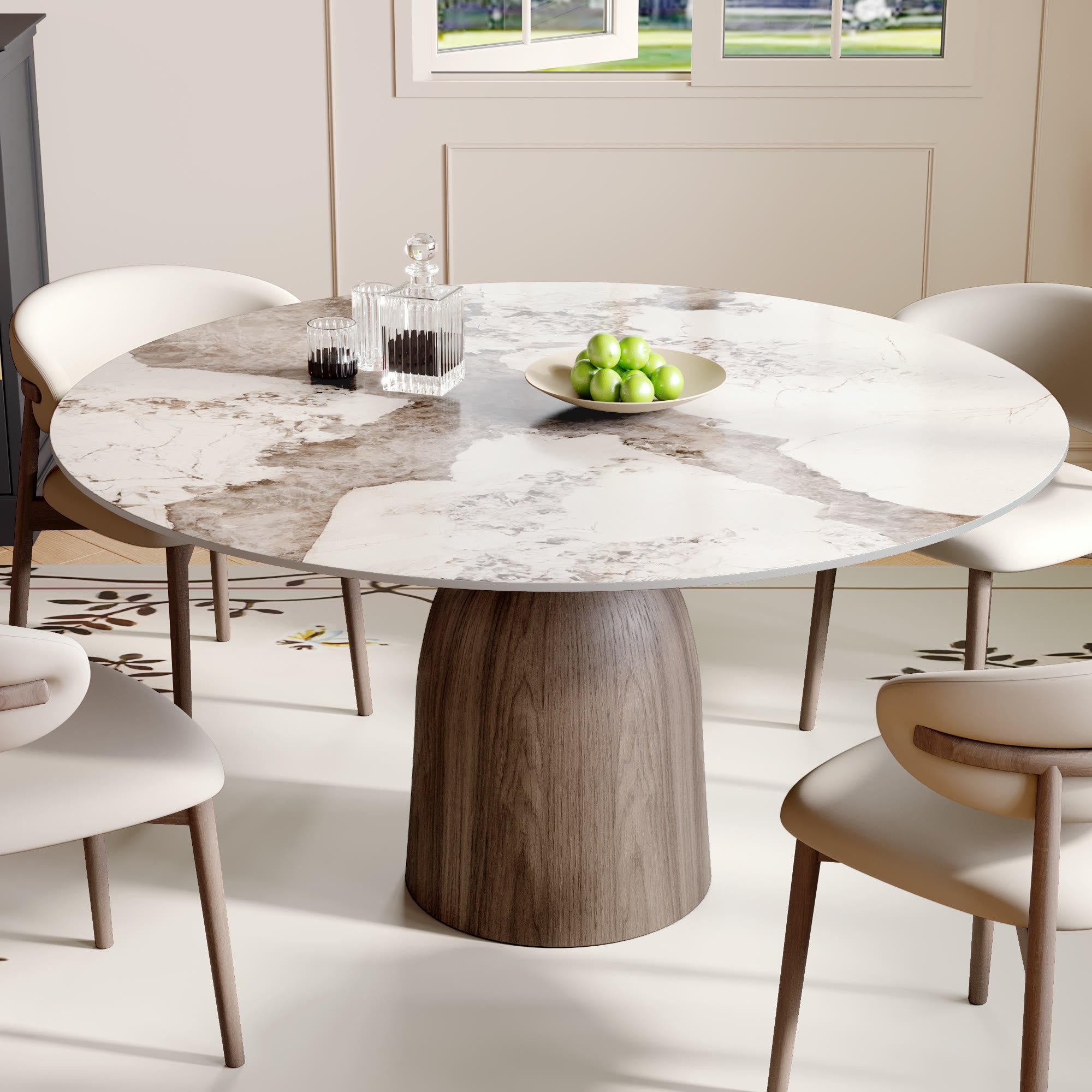 Soluna Dark Walnut Round Solid Wood Pedestal Dining Table with Pandora Stone Top - image 4
