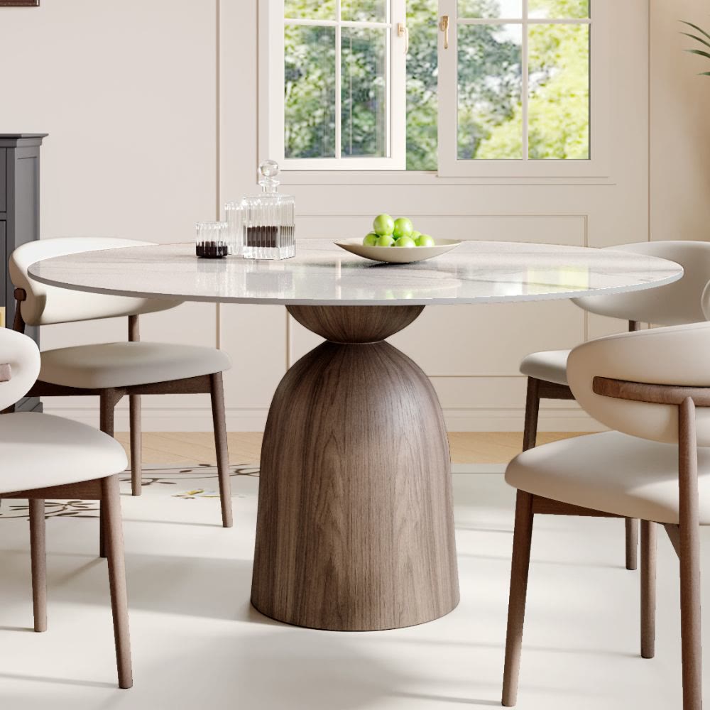Soluna Dark Walnut Round Solid Wood Pedestal Dining Table with Snow White & Pandora Stone Top - 59.05'' W X 59.05'' D X 29.53'' H - Snowy White - image 0