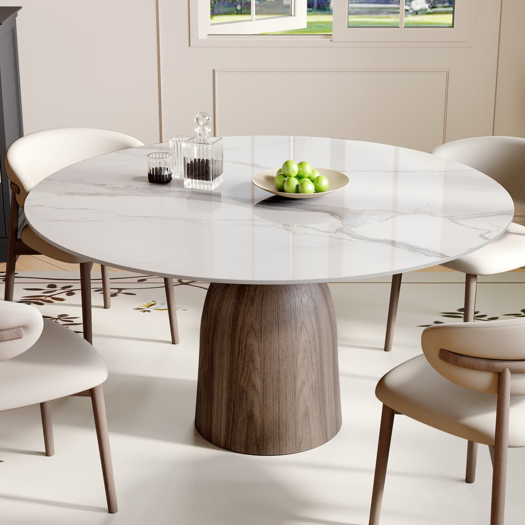 Soluna Dark Walnut Round Solid Wood Pedestal Dining Table with Snow White Stone Top - image 4