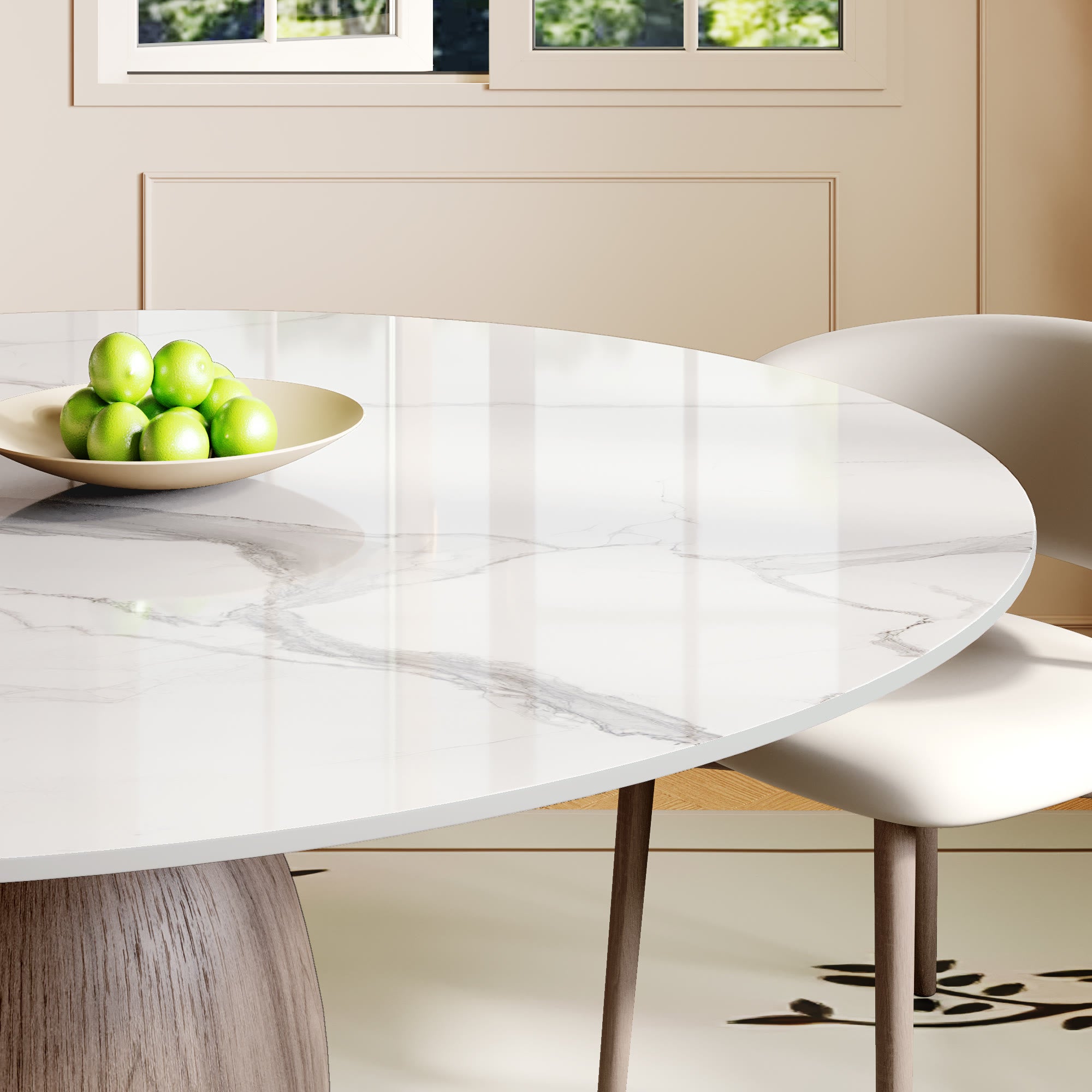 Soluna Dark Walnut Round Solid Wood Pedestal Dining Table with Snow White Stone Top - image 9