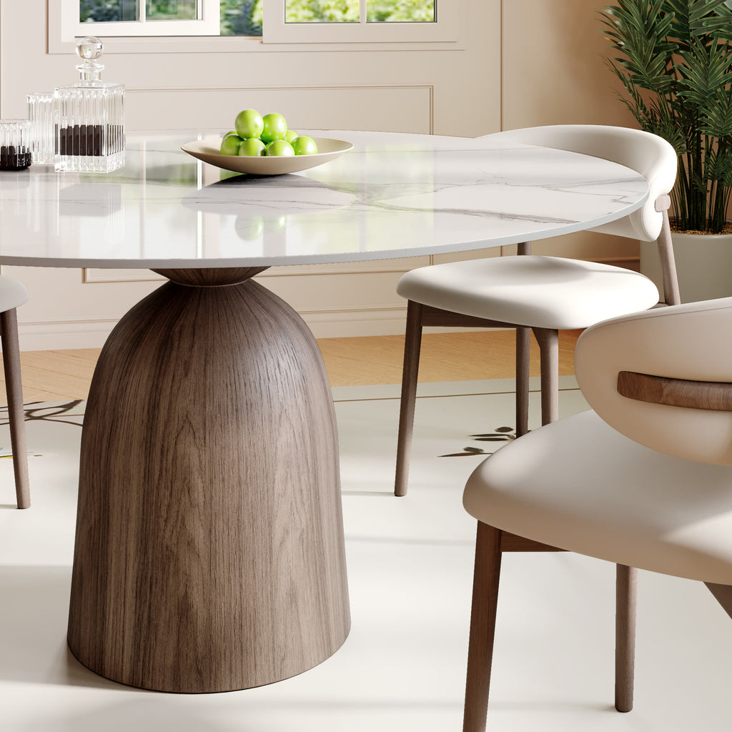 Soluna Dark Walnut Round Solid Wood Pedestal Dining Table with Snow White Stone Top - image 2