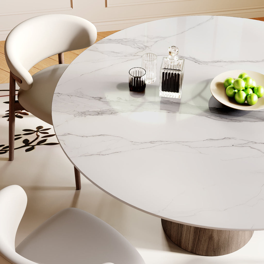 Soluna Dark Walnut Round Solid Wood Pedestal Dining Table with Snow White & Pandora Stone Top - image 2
