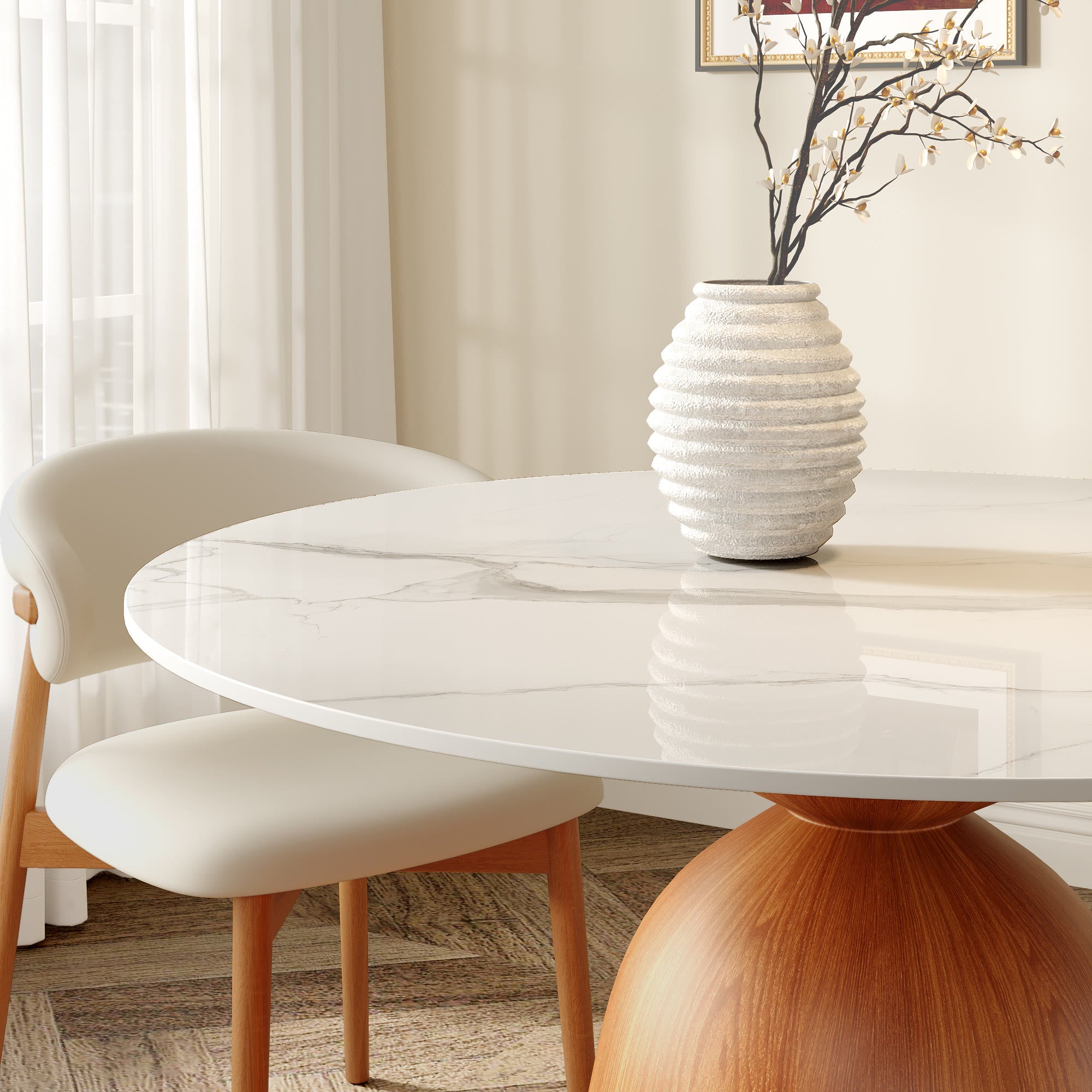 Soluna Walnut Solid Wood Pedestal Round Dining Table with Snow White Stone Top - image 7