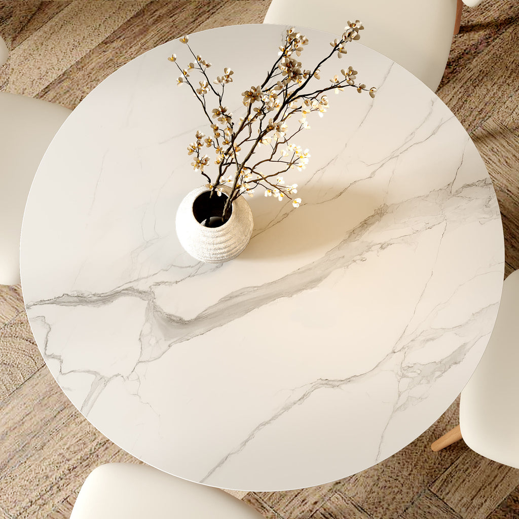 Soluna Walnut Solid Wood Pedestal Round Dining Table with Snow White Stone Top - image 6