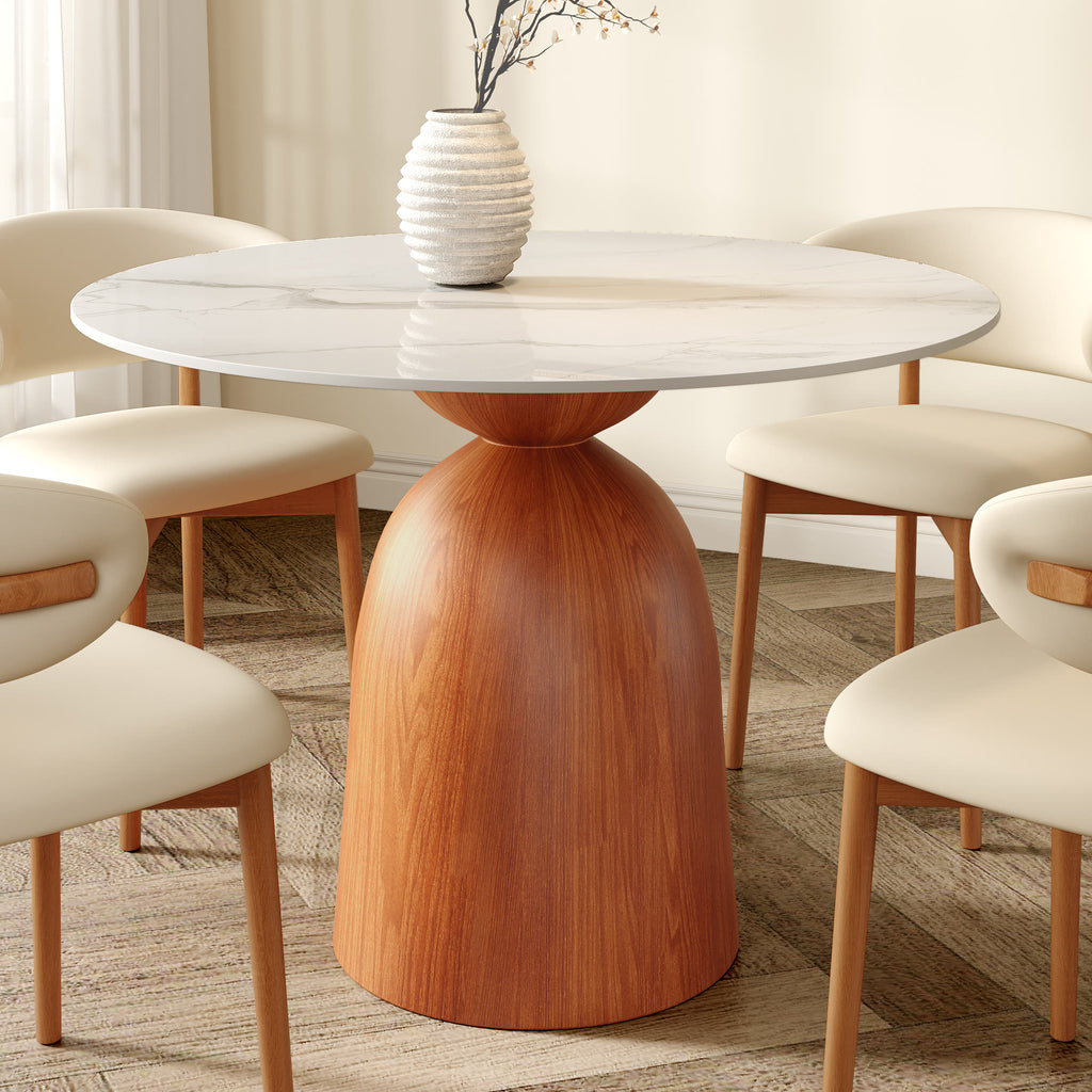 Soluna Walnut Solid Wood Pedestal Round Dining Table with Snow White Stone Top - 43.31'' W X 43.31'' D X 29.53'' H - image 0