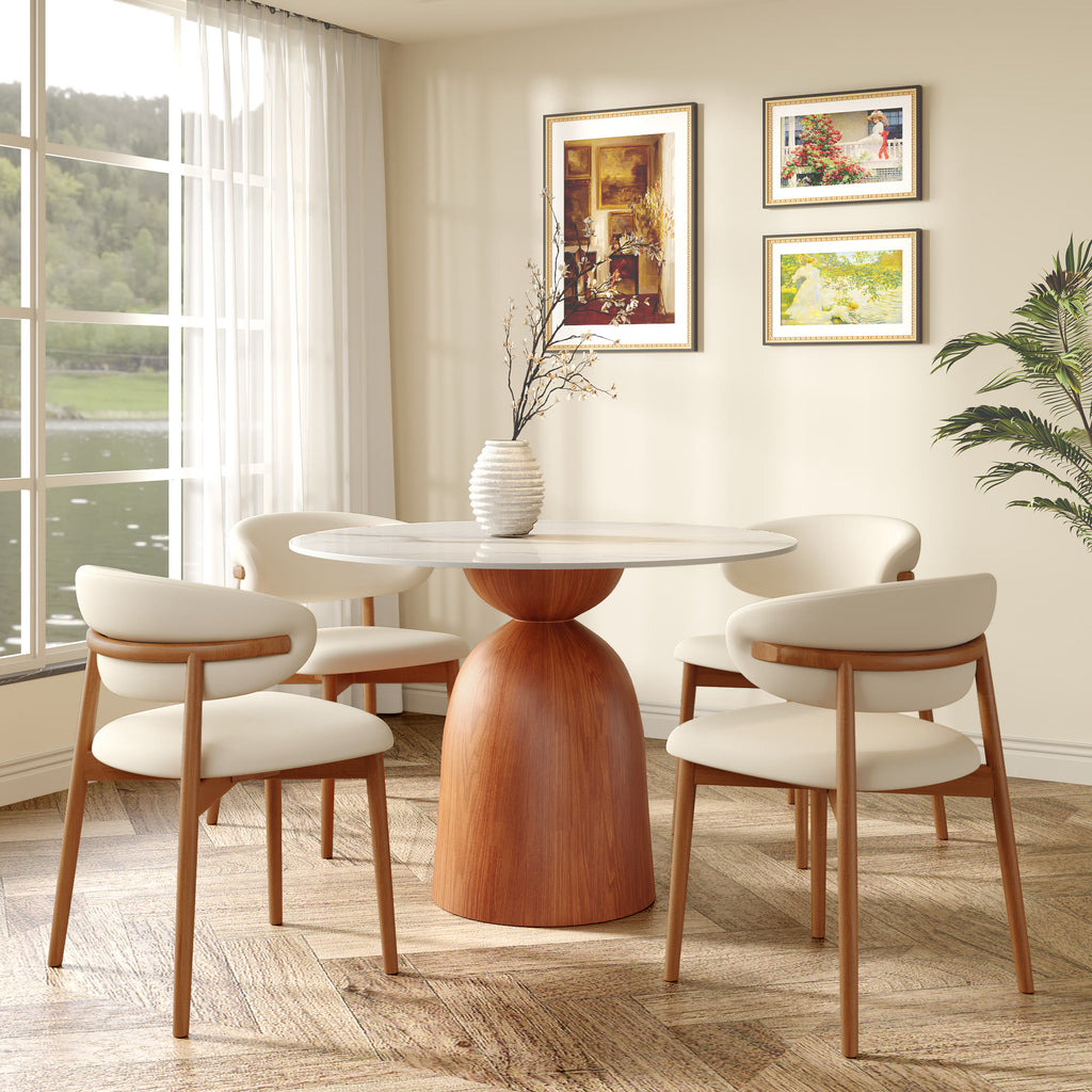 Soluna Walnut Solid Wood Pedestal Round Dining Table with Snow White Stone Top - image 3