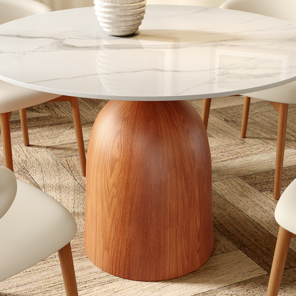 Soluna Walnut Solid Wood Pedestal Round Dining Table with Snow White Stone Top - image 2