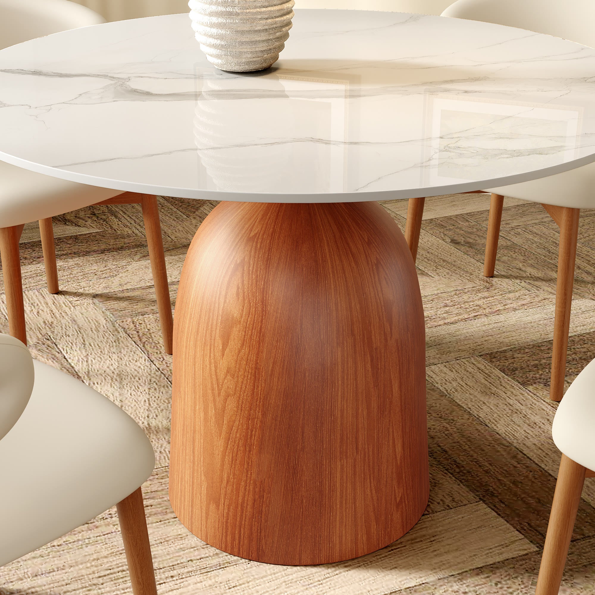 Soluna Walnut Solid Wood Pedestal Round Dining Table with Snow White Stone Top - image 2