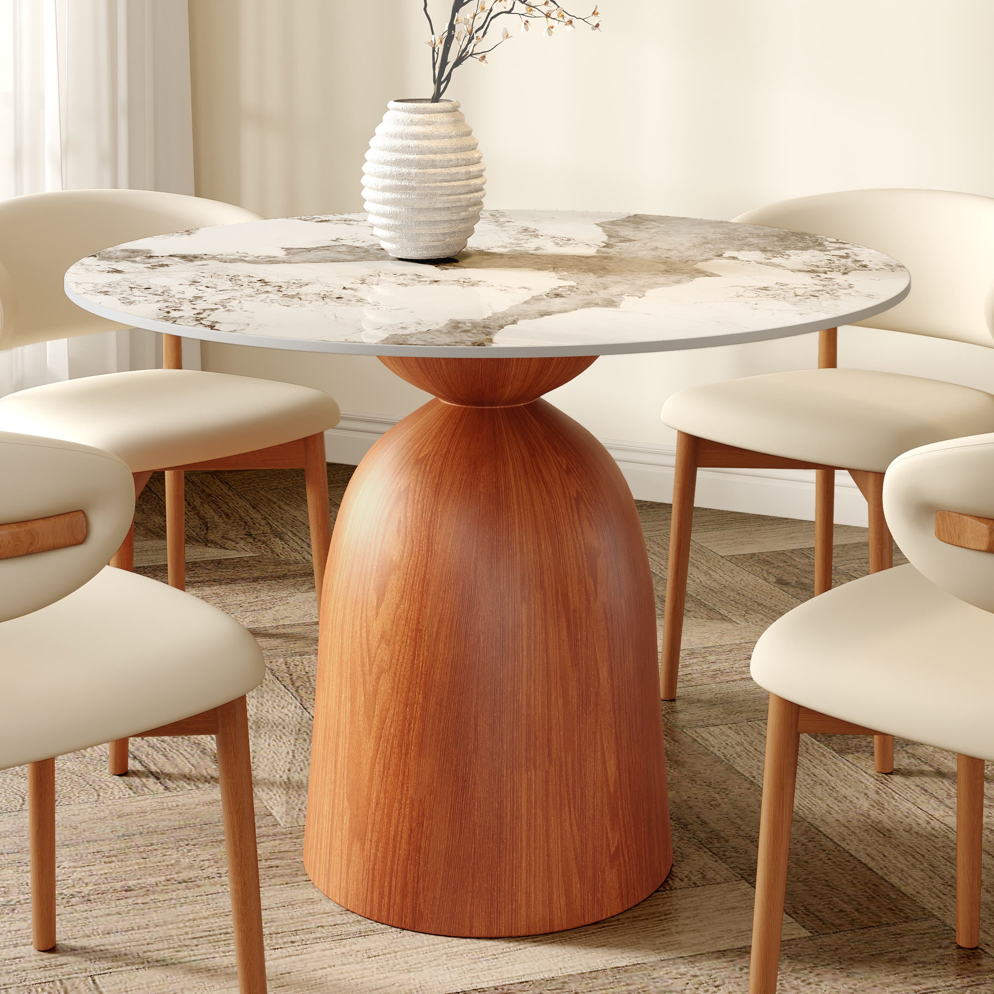 Soluna Walnut Solid Wood Pedestal Round Dining Table with Pandora Stone Top - 43.31'' W X 43.31'' D X 29.53'' H - image 0
