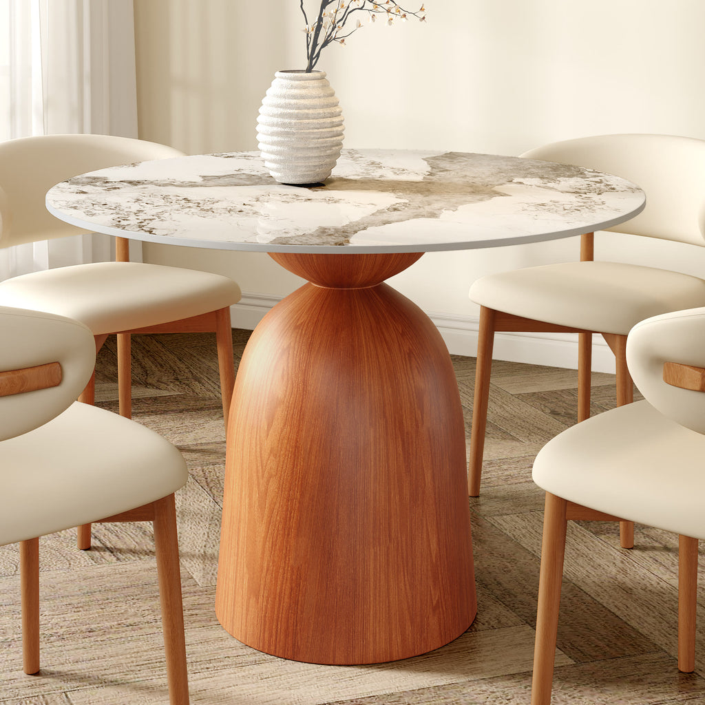 Soluna Walnut Solid Wood Pedestal Round Dining Table with Pandora & Snowy White Stone Top - 43.31'' W X 43.31'' D X 29.53'' H - Pandora - image 0