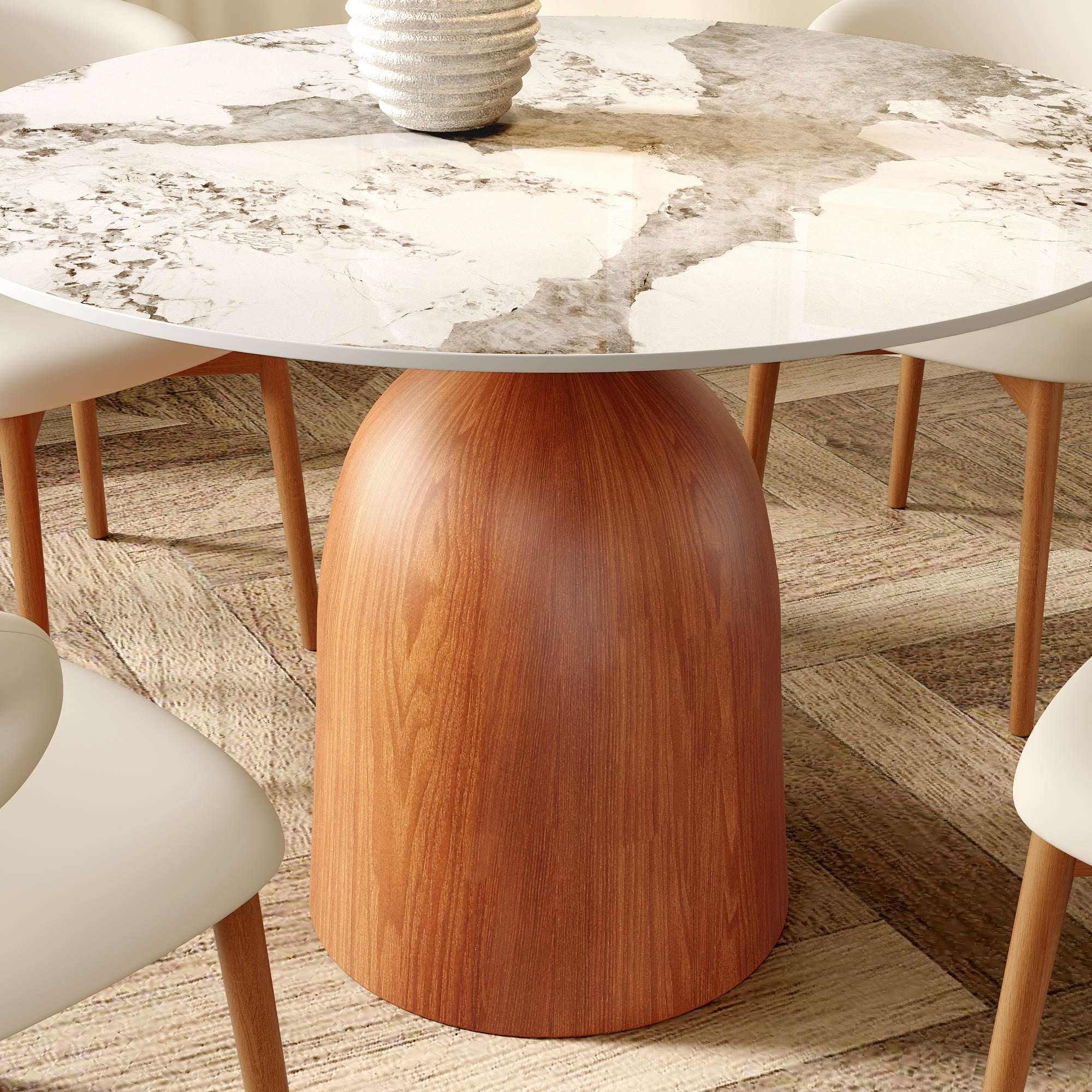 Soluna Walnut Solid Wood Pedestal Round Dining Table with Pandora Stone Top - image 2