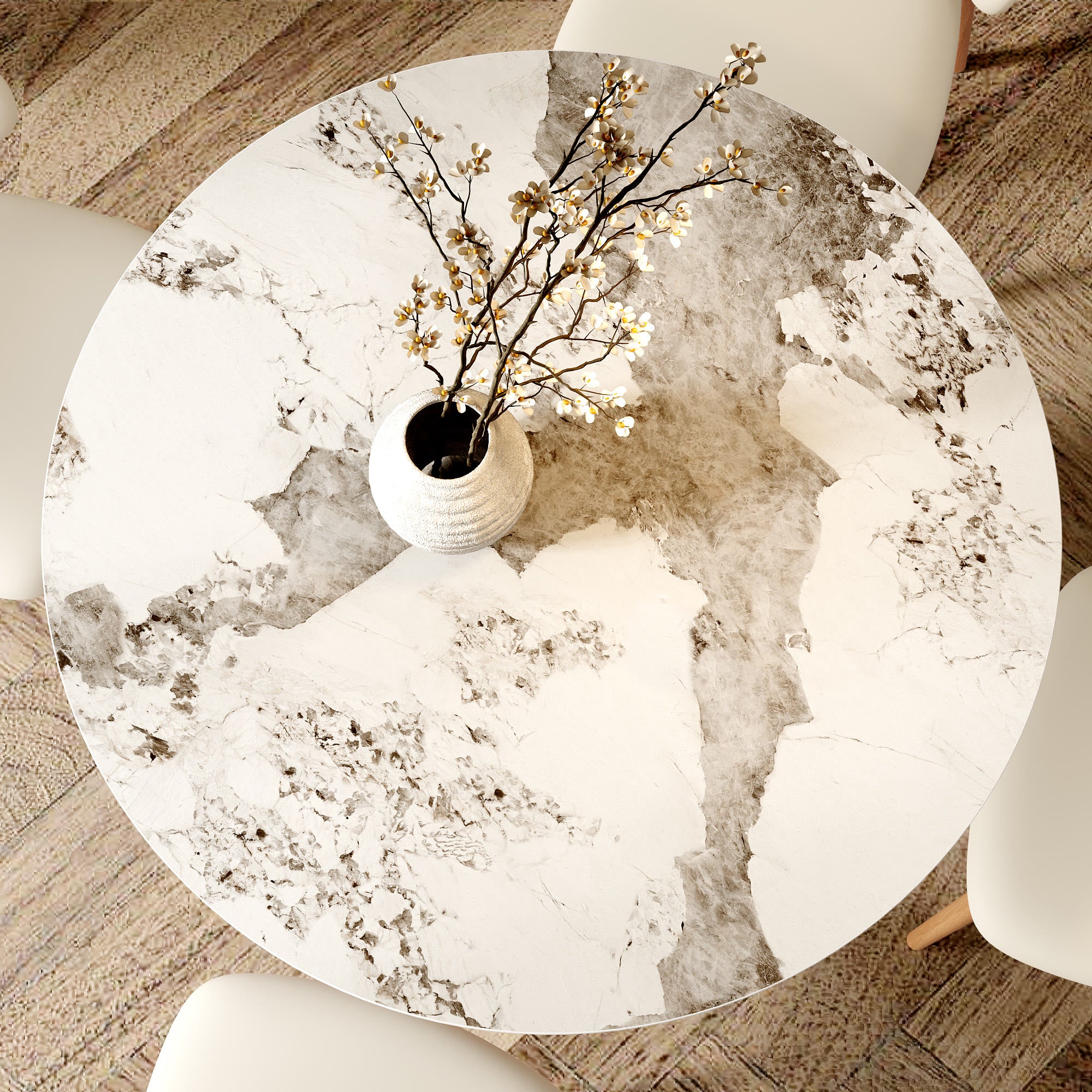 Soluna Walnut Solid Wood Pedestal Round Dining Table with Pandora & Snowy White Stone Top - image 2