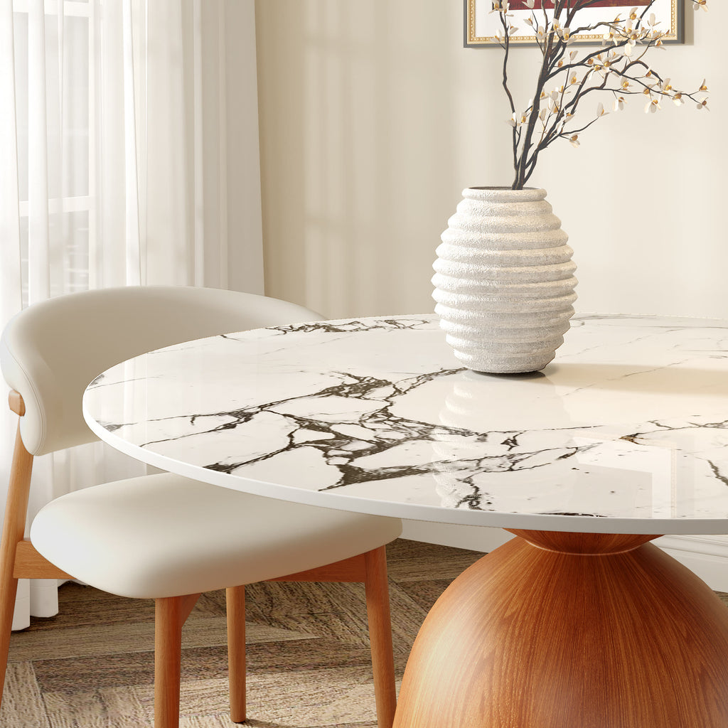 Soluna Walnut Solid Wood Pedestal Round Dining Table with Ink-Veined Stone Top - image 7