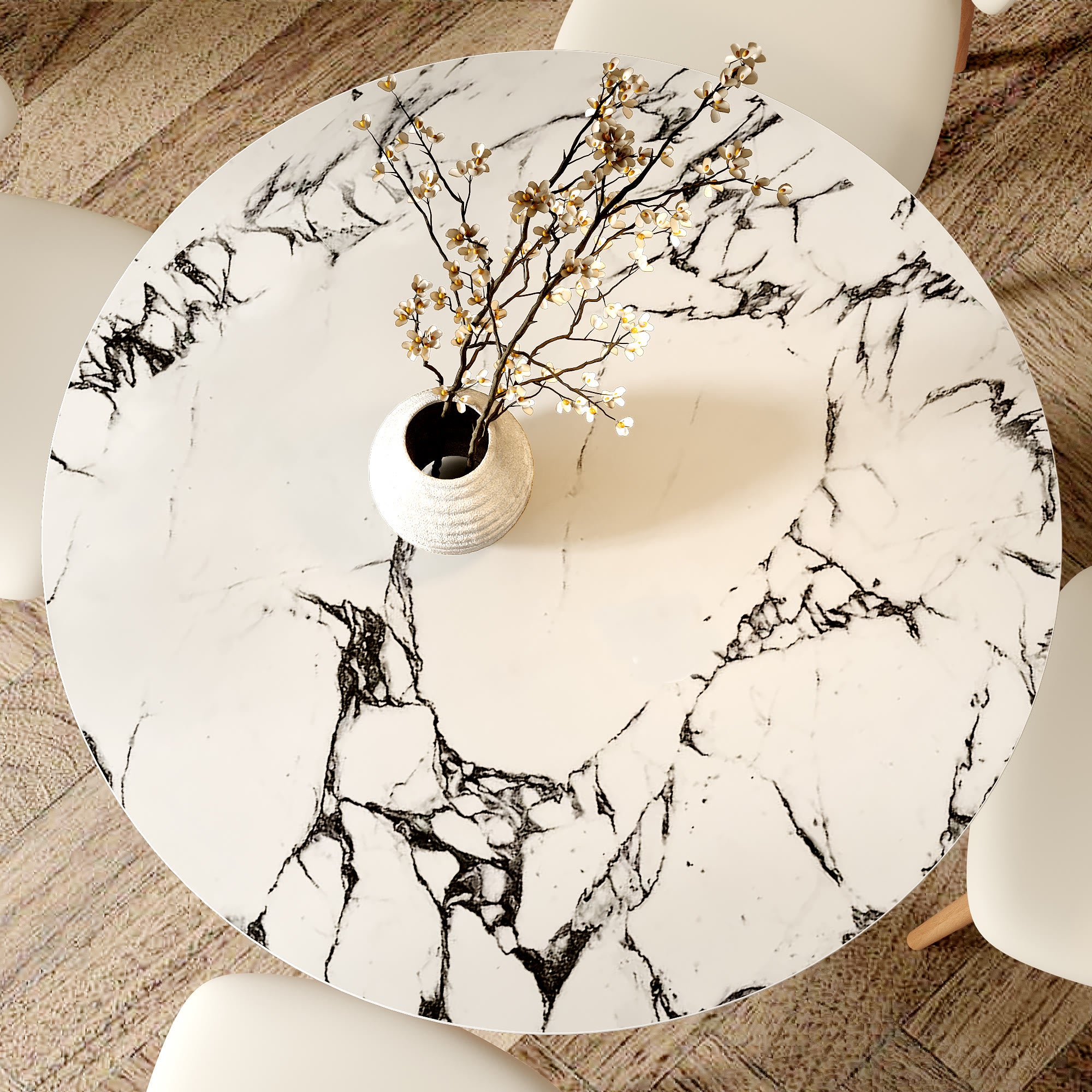 Soluna Walnut Solid Wood Pedestal Round Dining Table with Ink-Veined Stone Top - image 3