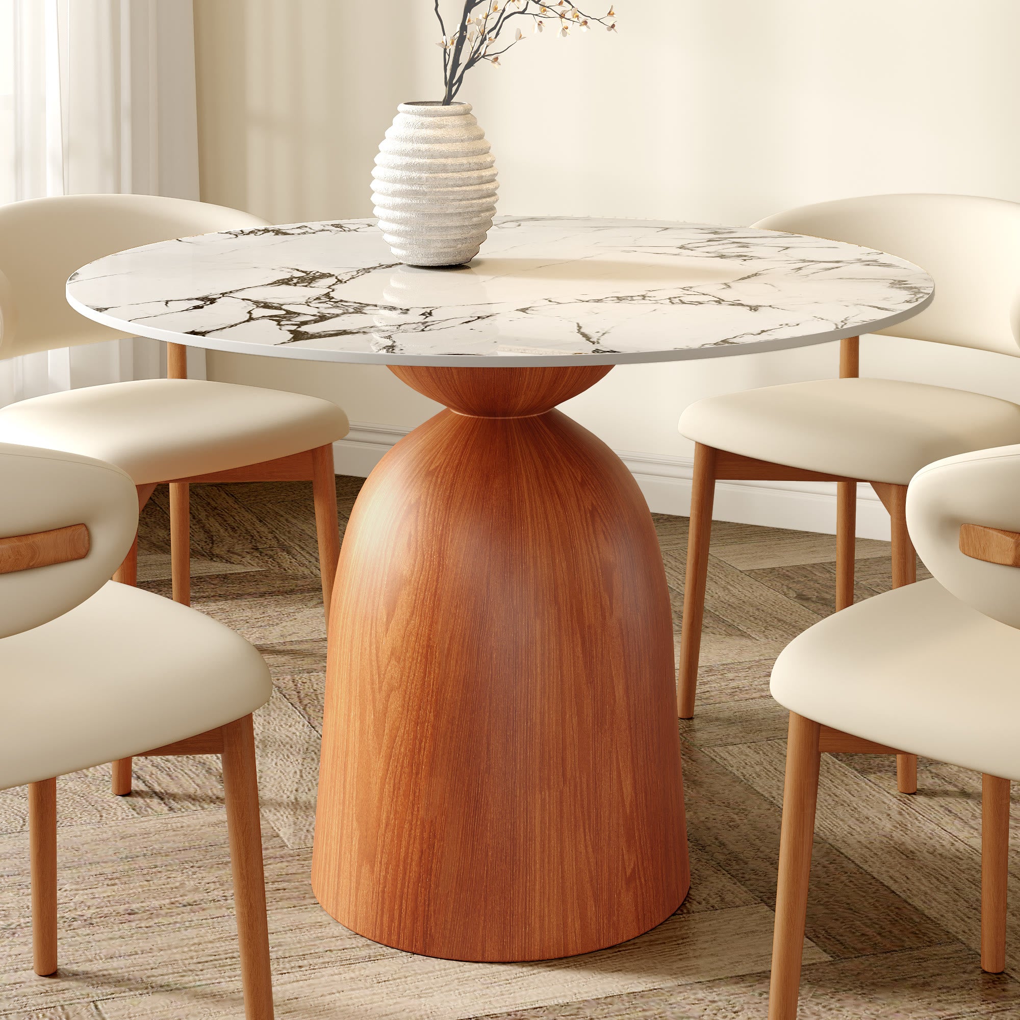 Soluna Walnut Solid Wood Pedestal Round Dining Table with Ink-Veined Stone Top - 43.31'' W X 43.31'' D X 29.53'' H - image 0