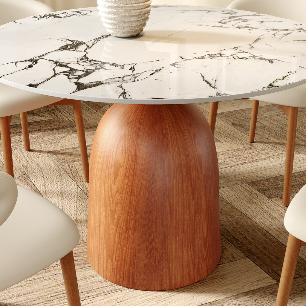 Soluna Walnut Solid Wood Pedestal Round Dining Table with Ink-Veined Stone Top - image 2