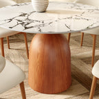 Soluna Walnut Solid Wood Pedestal Round Dining Table with Ink-Veined Stone Top - image 2
