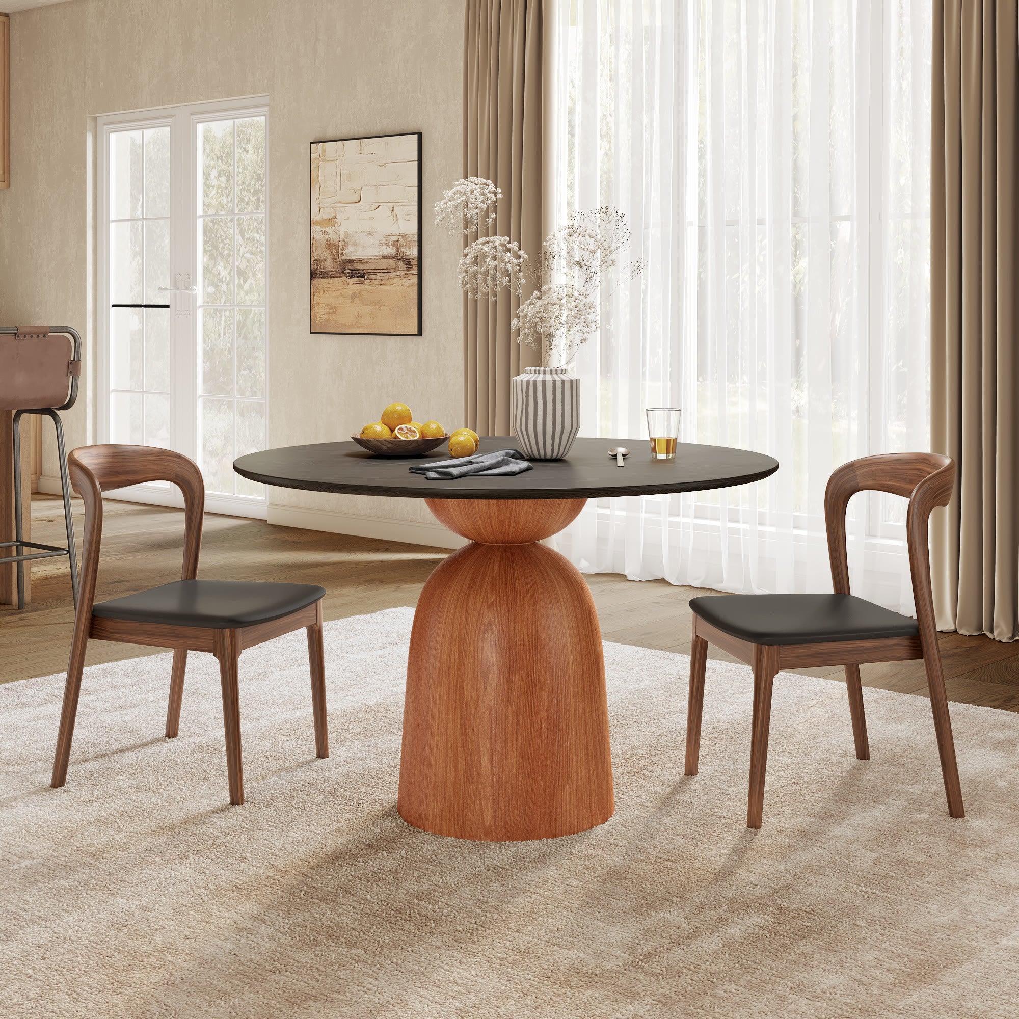 Soluna Walnut Solid Wood Pedestal Round Dining Table with Black Wood Top - image 4
