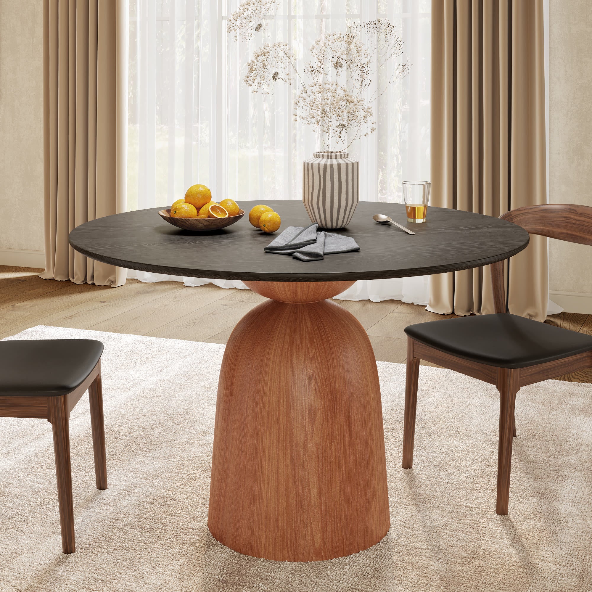 Soluna Walnut Solid Wood Pedestal Round Dining Table with Black Wood Top - 43.31'' W X 43.31'' D X 29.53'' H - image 0