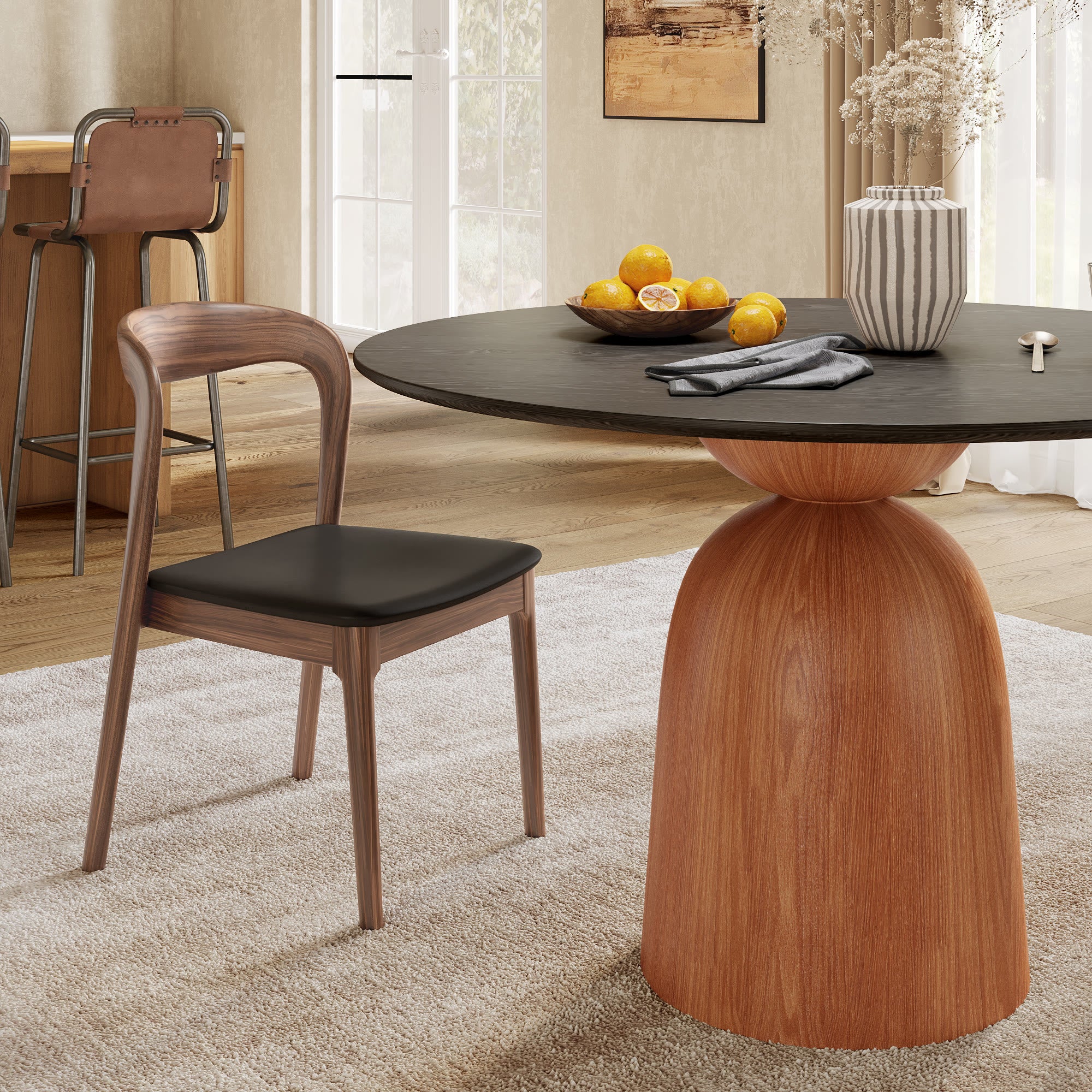 Soluna Walnut Solid Wood Pedestal Round Dining Table with Black Wood Top - image 2